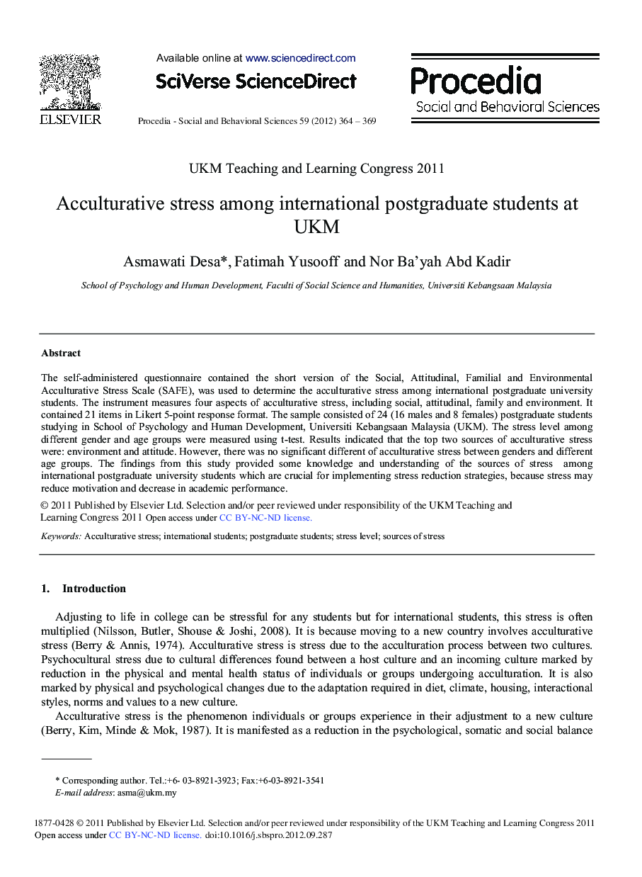 Acculturative Stress Among International Postgraduate Students at UKM