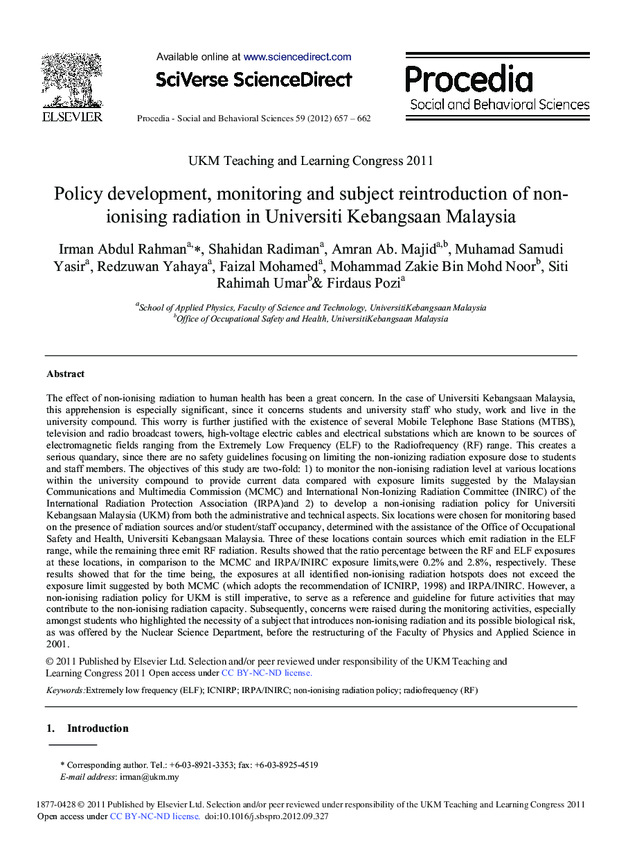 Policy Development, Monitoring and Subject Reintroduction of Nonionising Radiation in Universiti Kebangsaan Malaysia