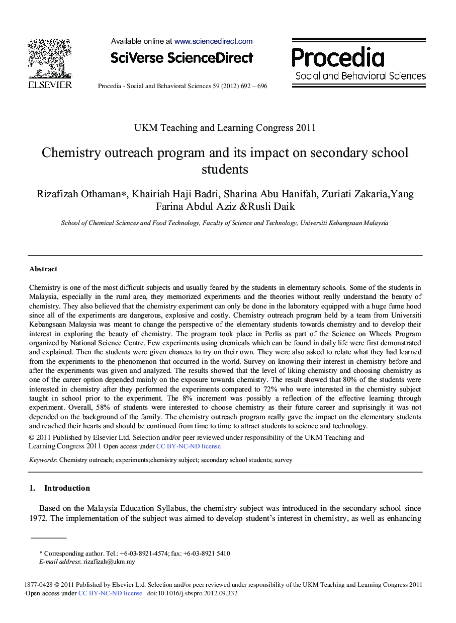 Chemistry Outreach Program and its Impact on Secondary School Students