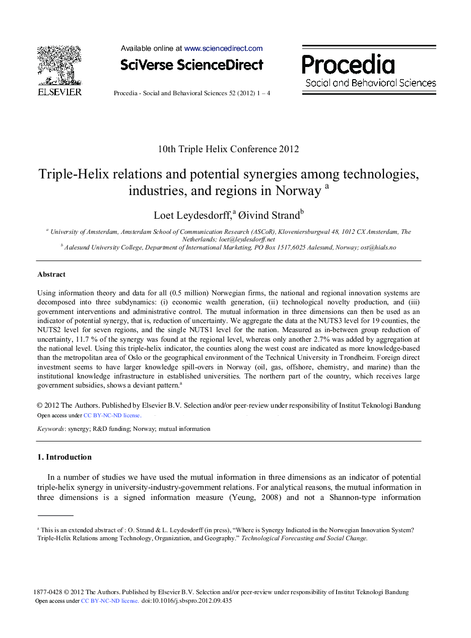 Triple-Helix Relations and Potential Synergies Among Technologies, Industries, and Regions in Norway 