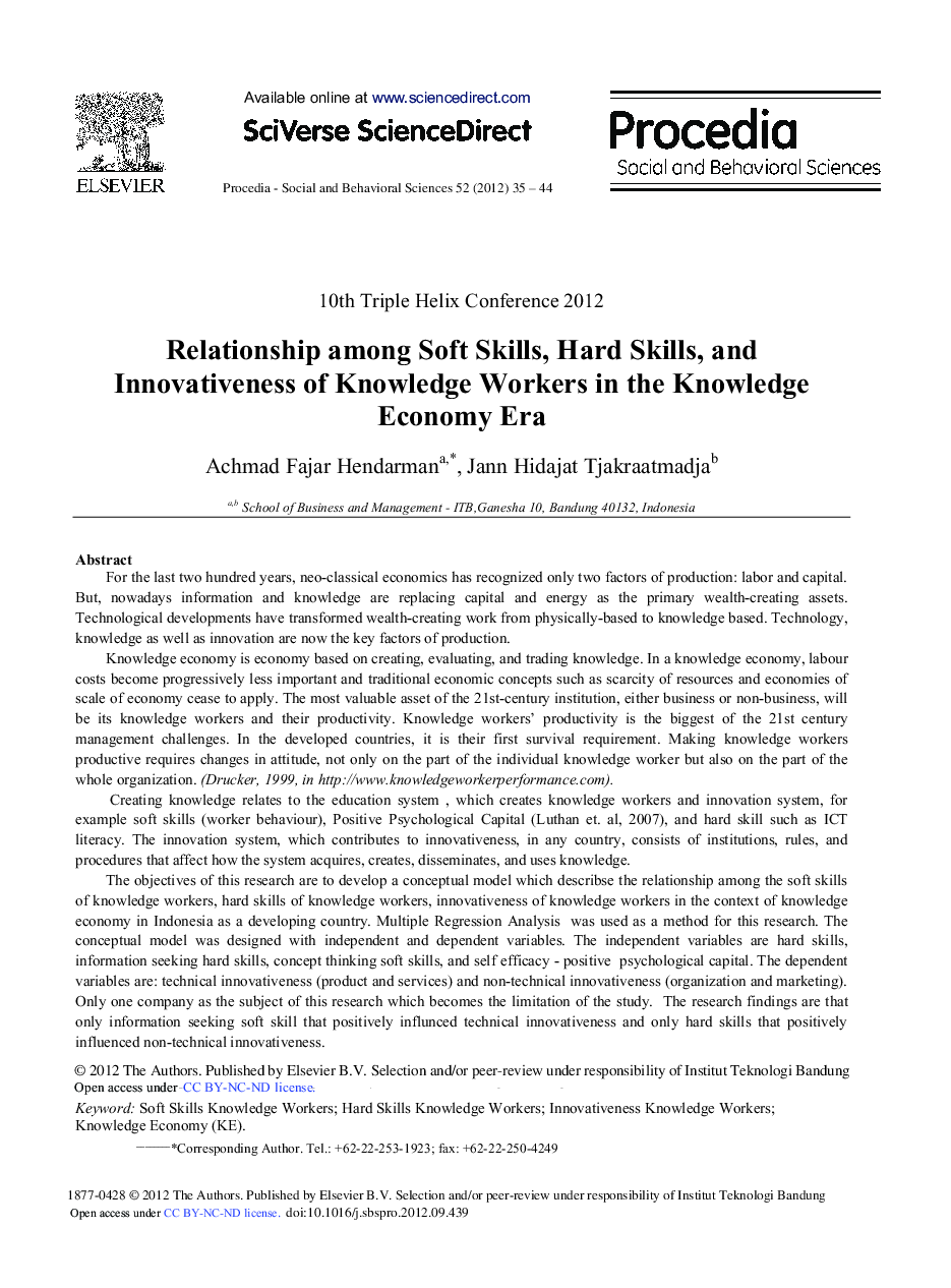 Relationship among Soft Skills, Hard Skills, and Innovativeness of Knowledge Workers in the Knowledge Economy Era