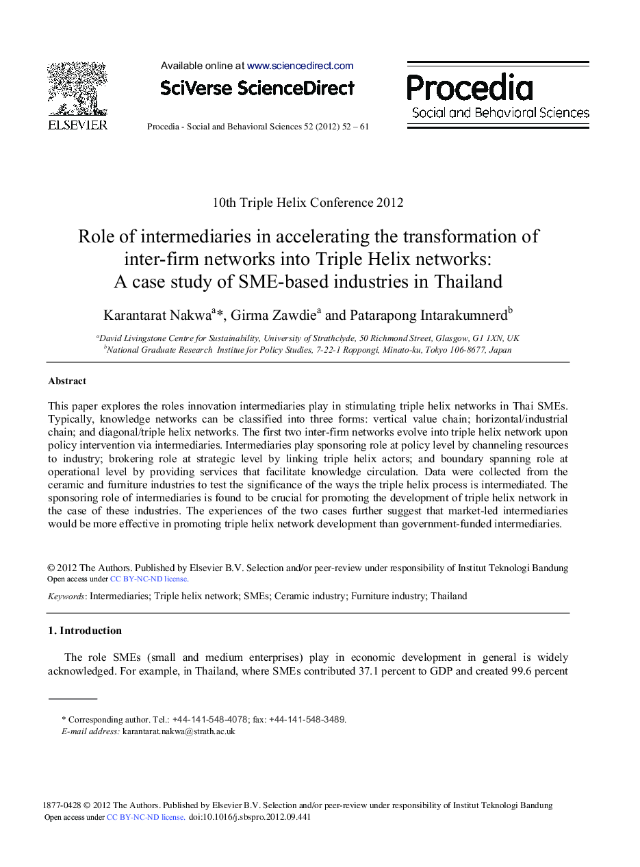 Role of Intermediaries in Accelerating the Transformation of Inter-Firm Networks into Triple Helix Networks: A Case Study of SME-based Industries in Thailand