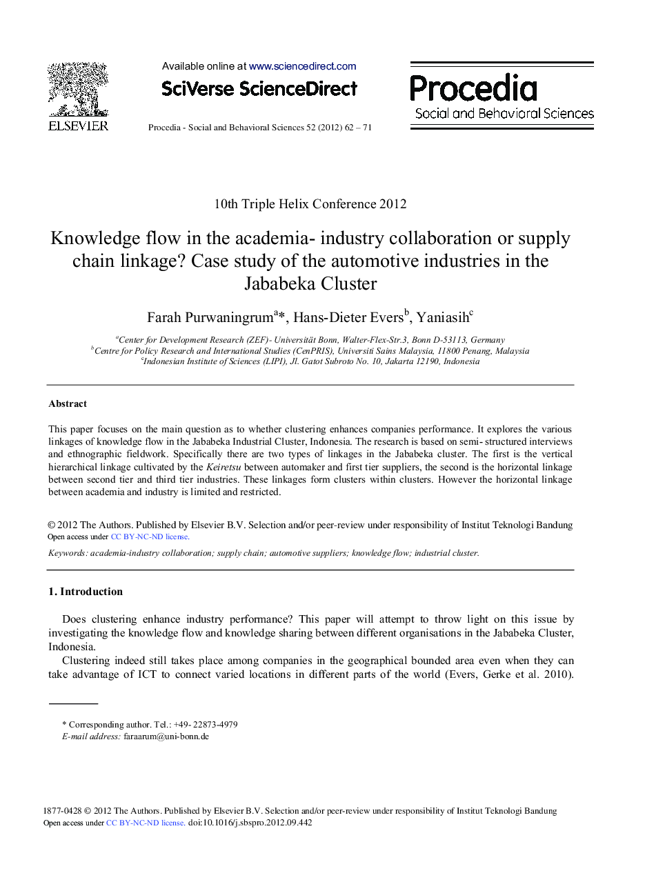 Knowledge Flow in the Academia-industry Collaboration or Supply Chain Linkage? Case Study of the Automotive Industries in the Jababeka Cluster