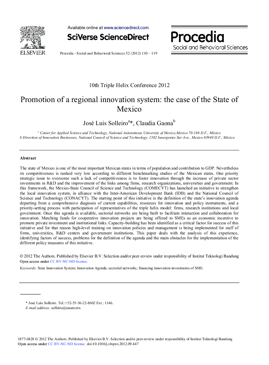 Promotion of a Regional Innovation System: The Case of the State of Mexico