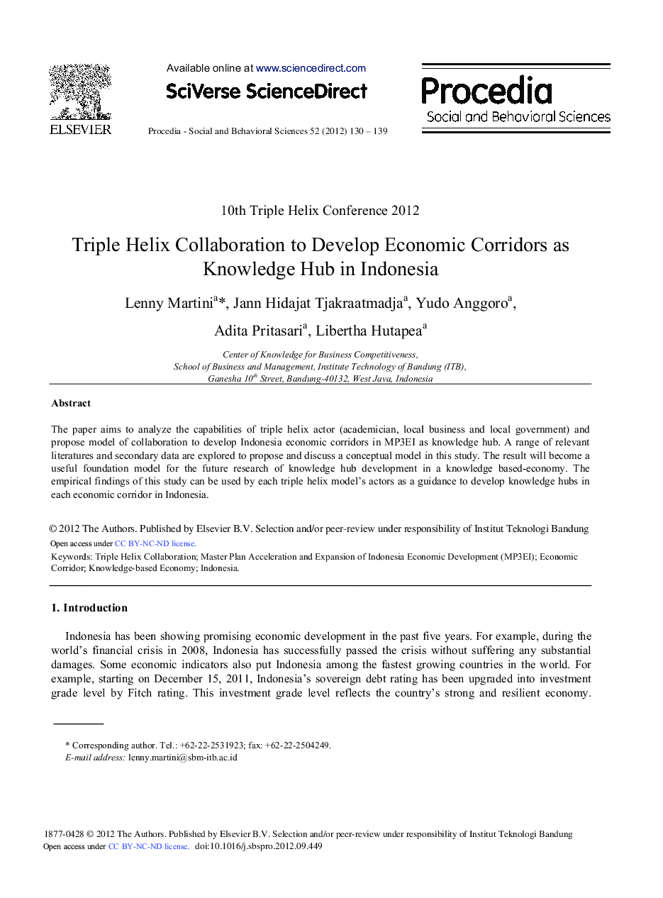 Triple Helix Collaboration to Develop Economic Corridors as Knowledge Hub in Indonesia