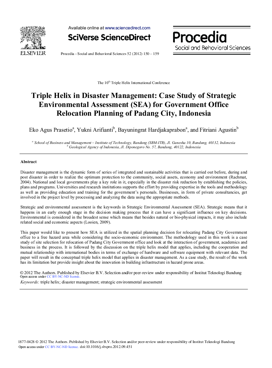 Triple Helix in Disaster Management: Case Study of Strategic Environmental Assessment (SEA) for Government Office Relocation Planning of Padang City, Indonesia