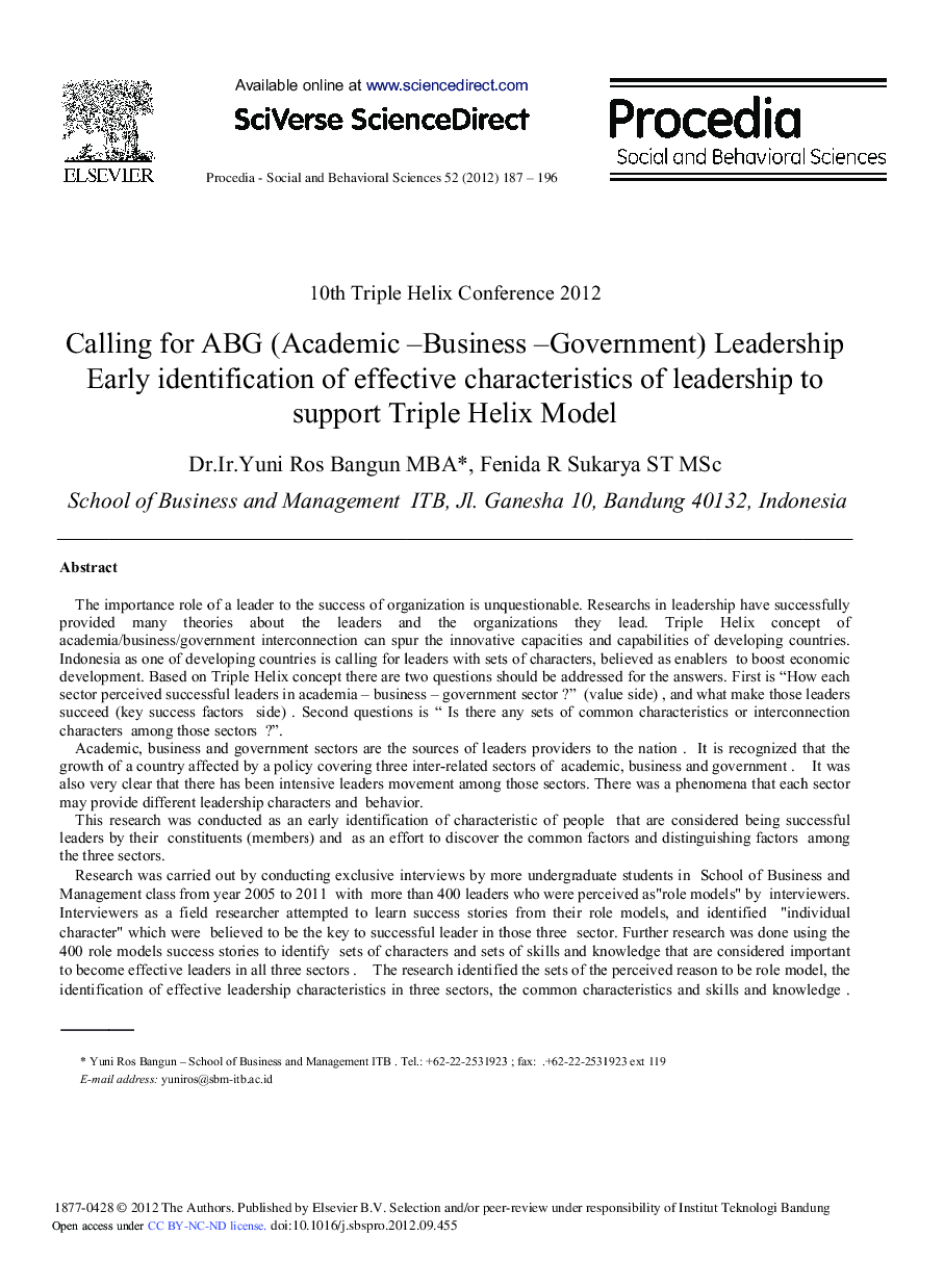 Calling for ABG (Academic–Business–Government) Leadership Early Identification of Effective Characteristics of Leadership to Support Triple Helix Model