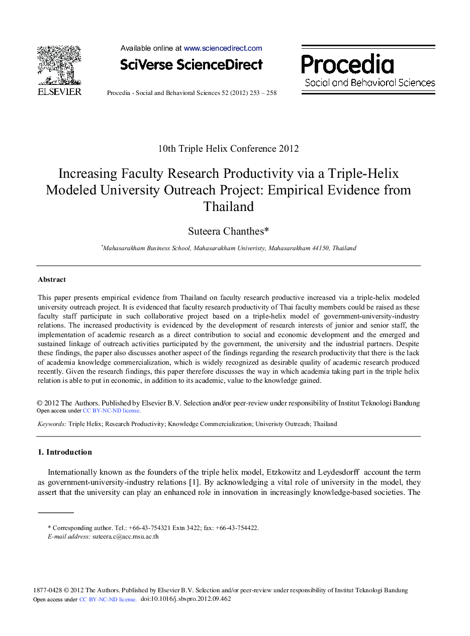 Increasing Faculty Research Productivity via a Triple-Helix Modeled University Outreach Project: Empirical Evidence from Thailand