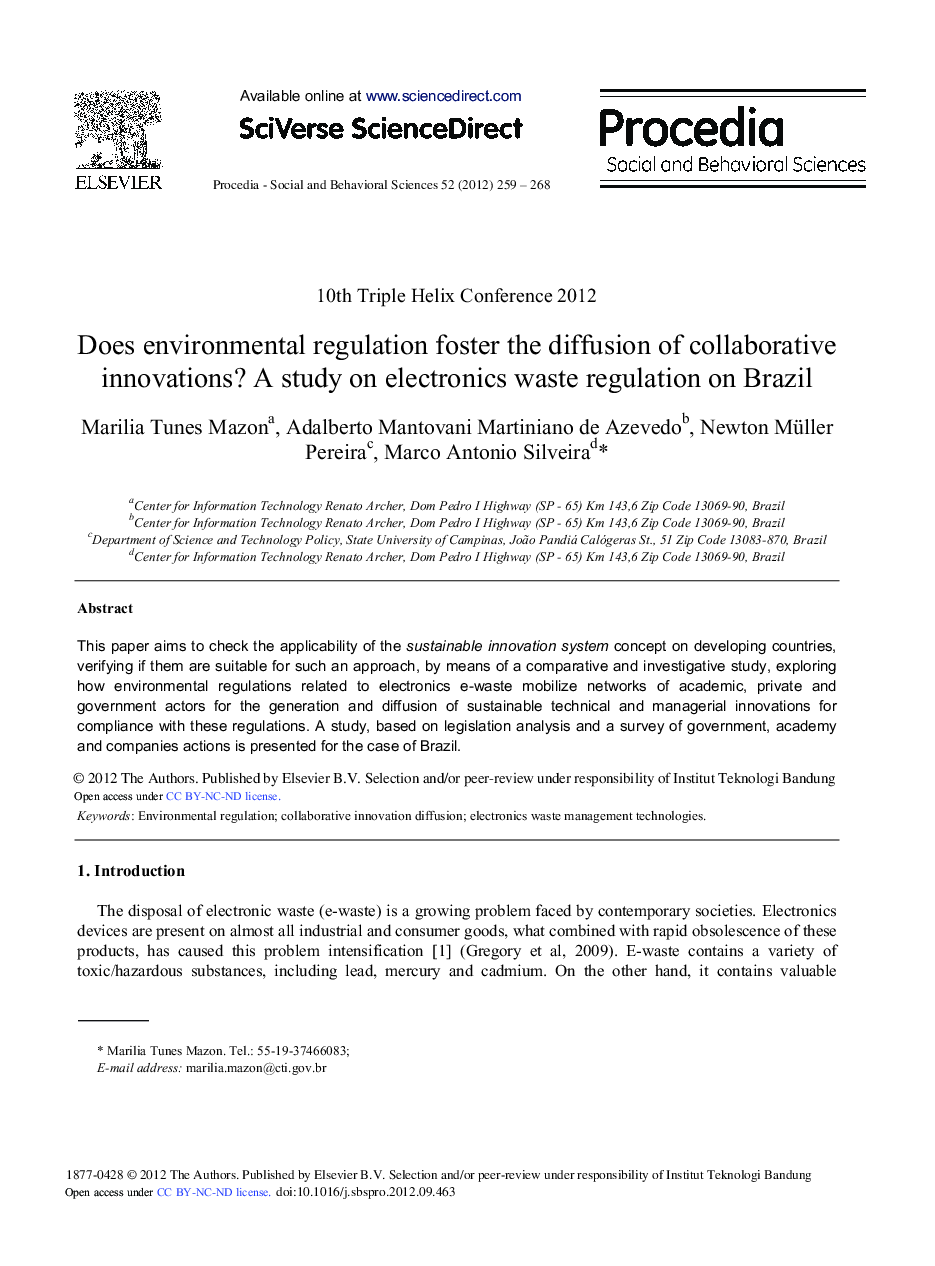 Does Environmental Regulation Foster the Diffusion of Collaborative Innovations? A Study on Electronics Waste Regulation on Brazil