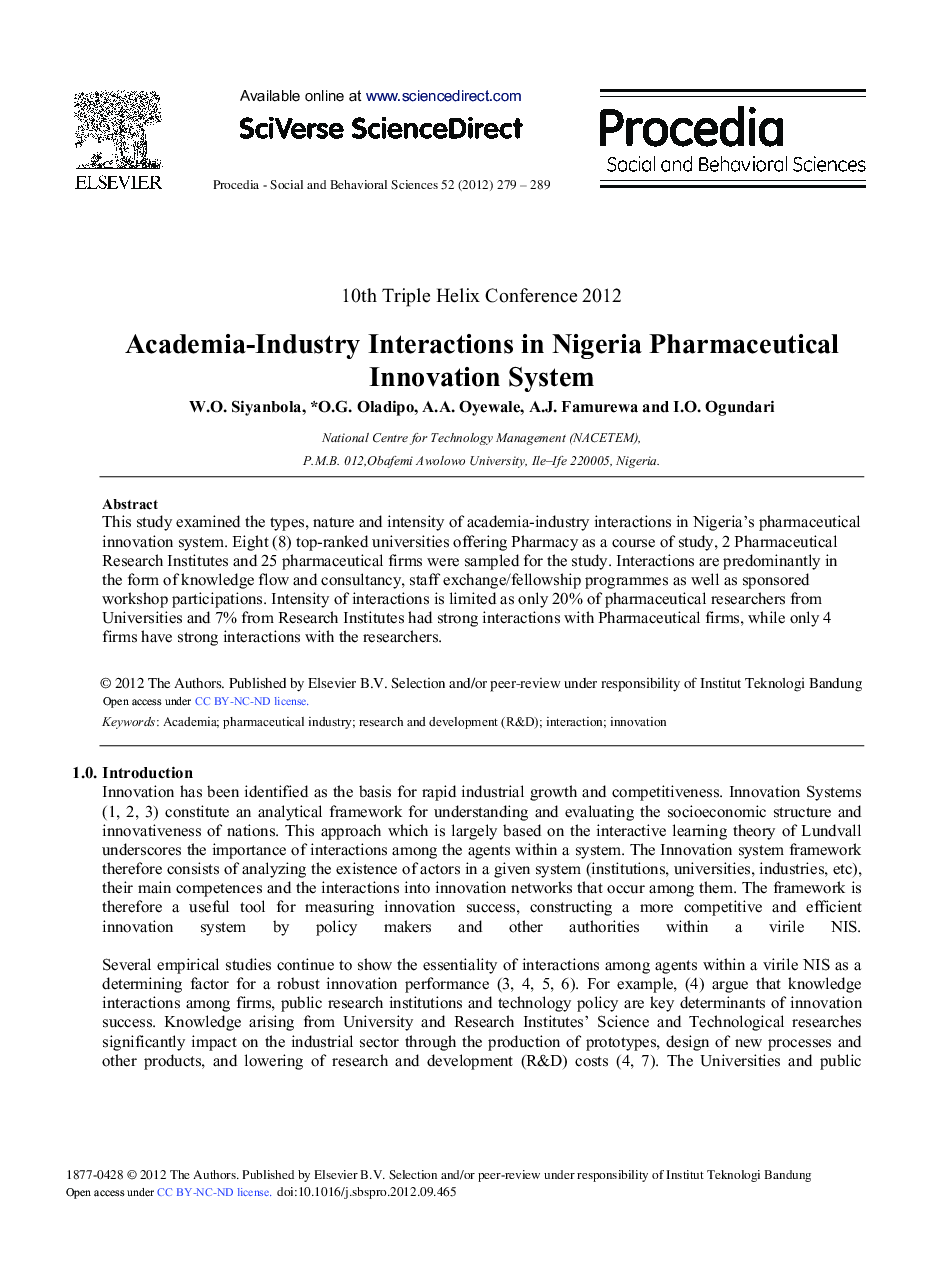 Academia-Industry Interactions in Nigeria Pharmaceutical Innovation System