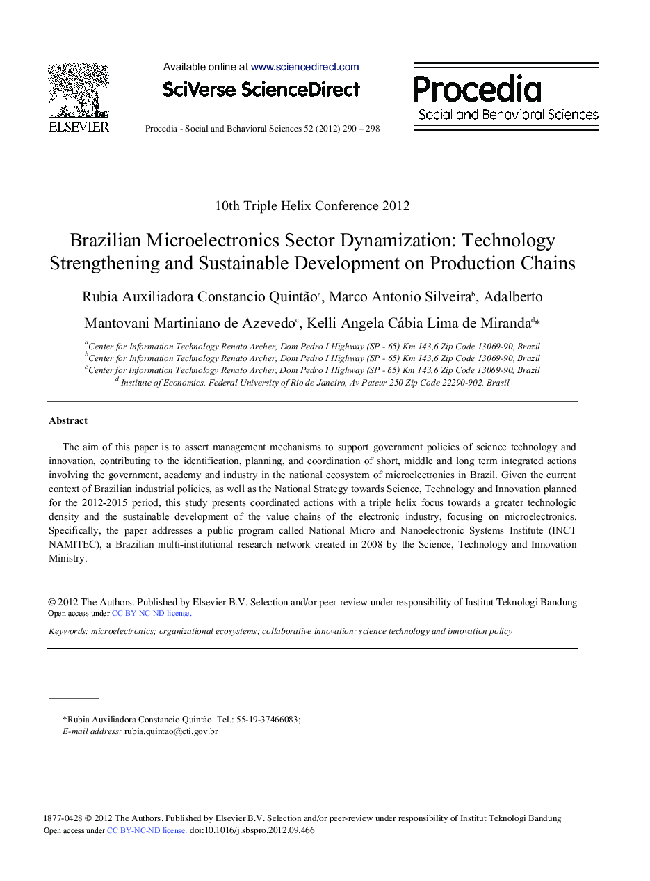 Brazilian Microelectronics Sector Dynamization: Technology Strengthening and Sustainable Development on Production Chains