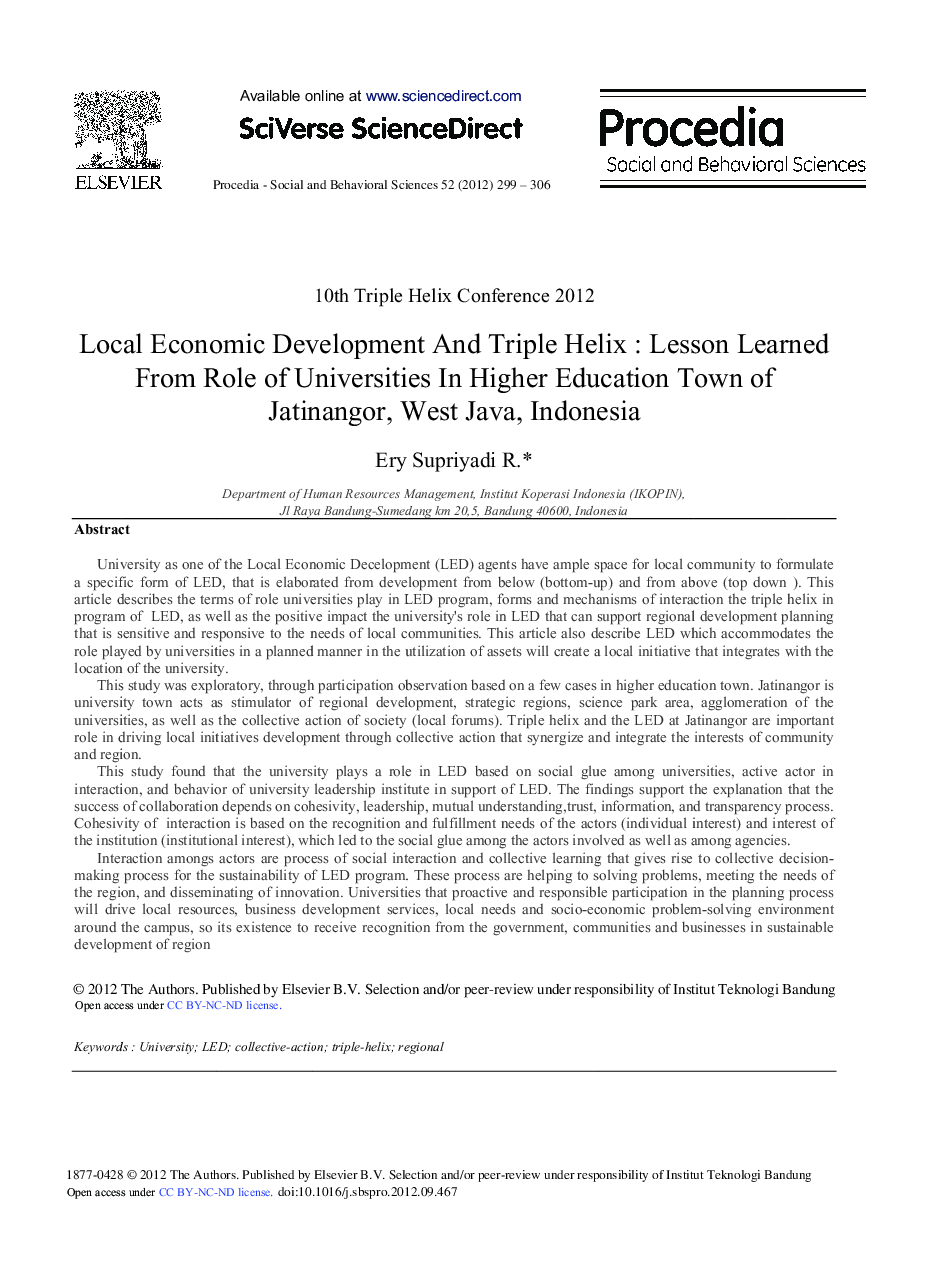 Local Economic Development And Triple Helix: Lesson Learned From Role of Universities In Higher Education Town of Jatinangor, West Java, Indonesia