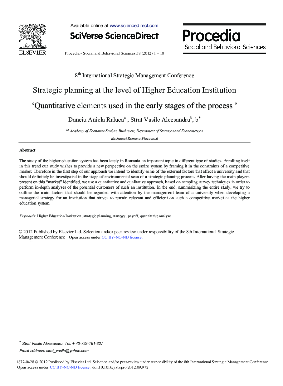 عکس صفحه اول مقاله: Strategic Planning at the Level of Higher Education Institution ‘Quantitative Elements Used in the Early Stages of the Process’ Strategic Planning at the Level of Higher Education Institution ‘Quantitative Elements Used in the Early Stages of the Process’