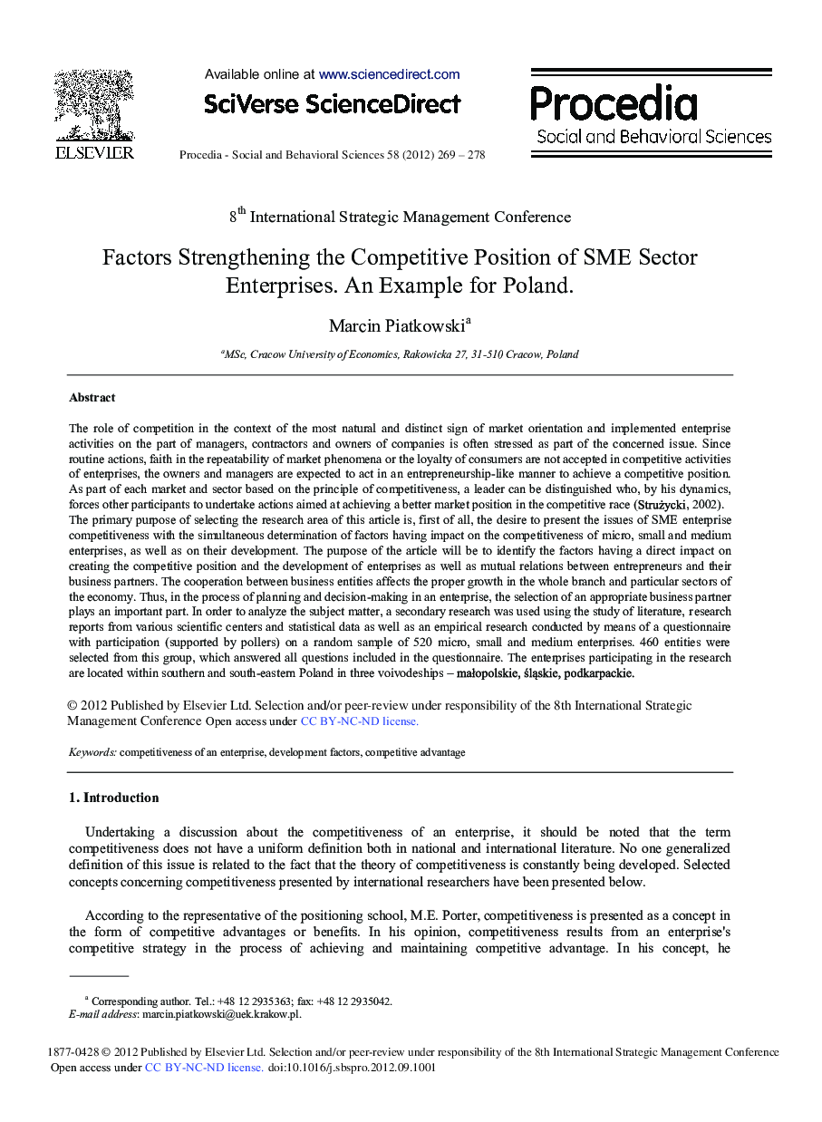 عکس صفحه اول مقاله: Factors Strengthening the Competitive Position of SME Sector Enterprises. An Example for Poland Factors Strengthening the Competitive Position of SME Sector Enterprises. An Example for Poland