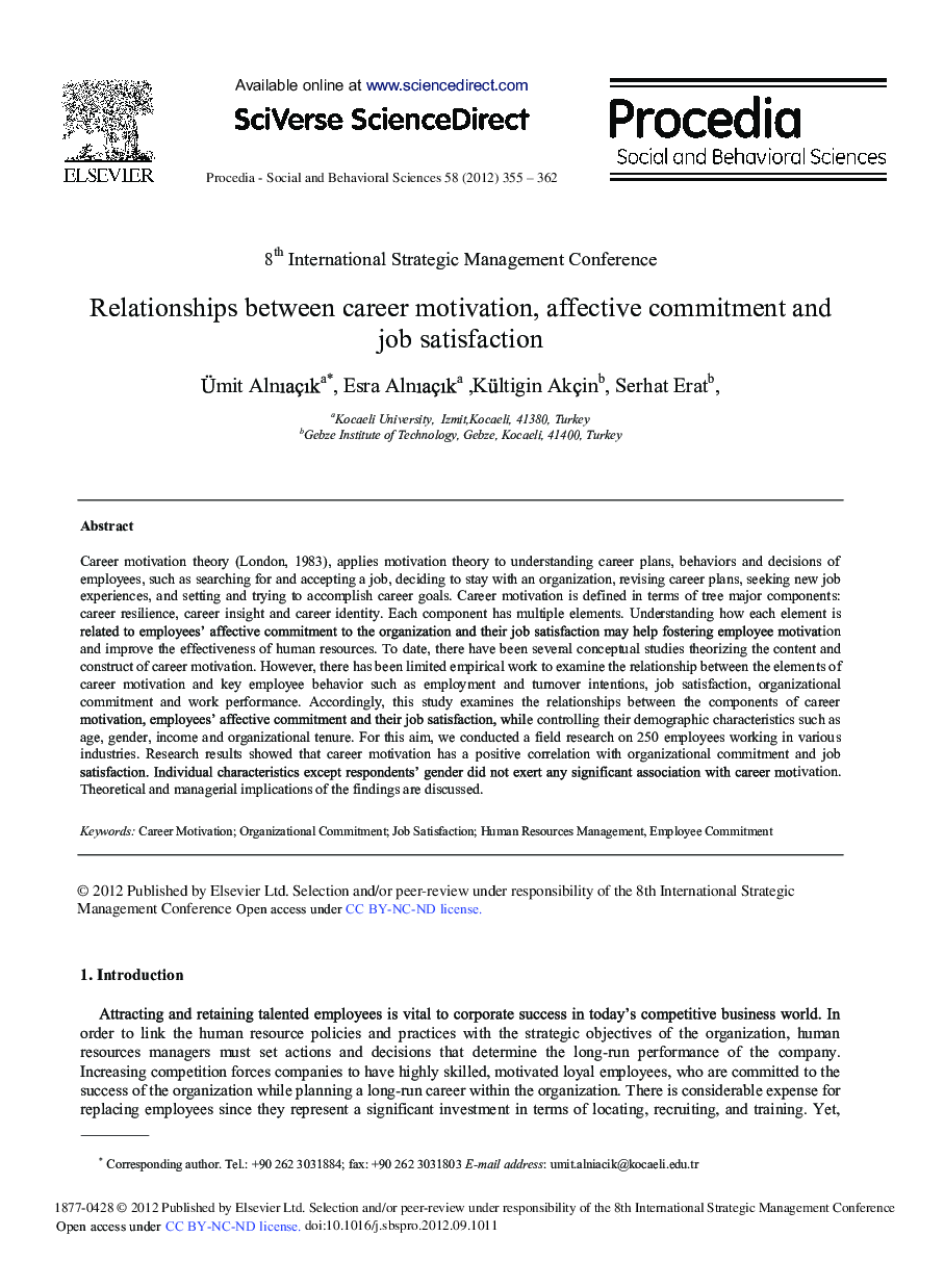 عکس صفحه اول مقاله: Relationships Between Career Motivation, Affective Commitment and Job Satisfaction Relationships Between Career Motivation, Affective Commitment and Job Satisfaction