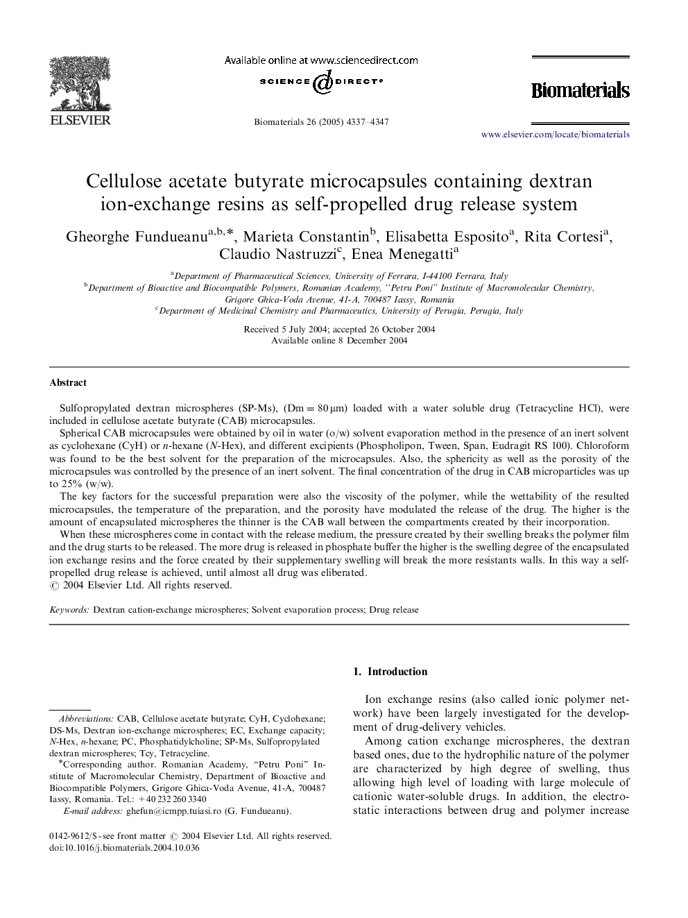 Cellulose acetate butyrate microcapsules containing dextran ion-exchange resins as self-propelled drug release system