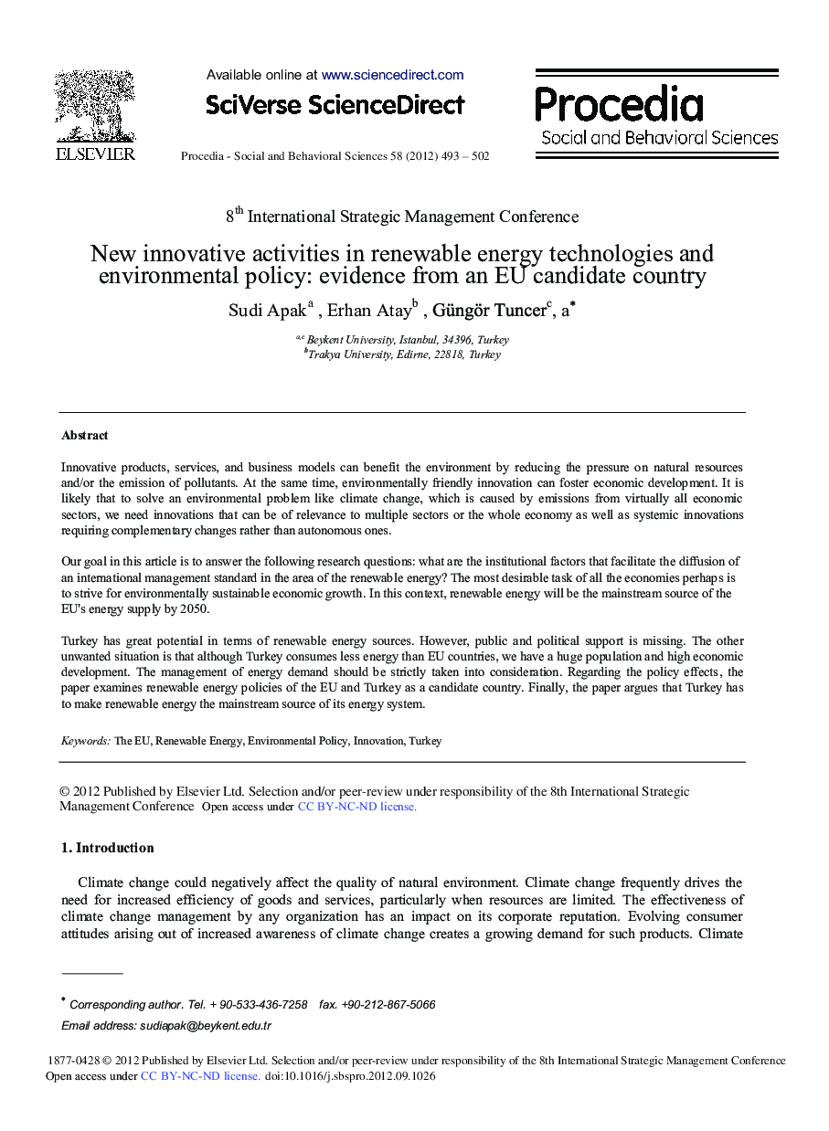 عکس صفحه اول مقاله: New Innovative Activities in Renewable Energy Technologies and Environmental Policy: Evidence from an Eu Candidate Country New Innovative Activities in Renewable Energy Technologies and Environmental Policy: Evidence from an Eu Candidate Country