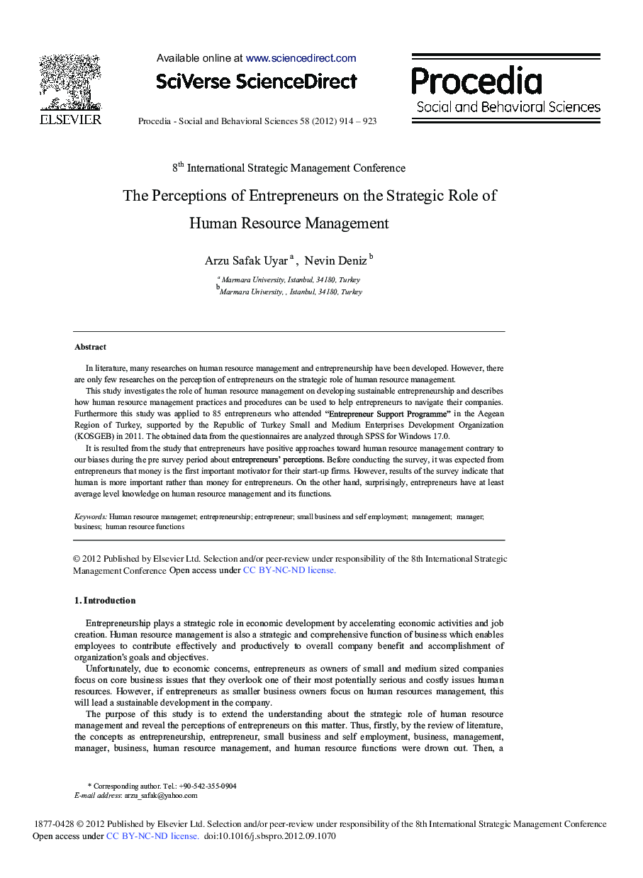 عکس صفحه اول مقاله: The Perceptions of Entrepreneurs on the Strategic Role of Human Resource Management The Perceptions of Entrepreneurs on the Strategic Role of Human Resource Management