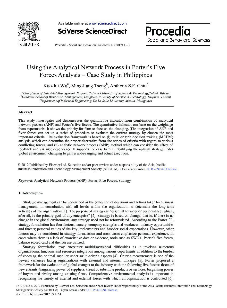 Using the Analytical Network Process in Porter's Five Forces Analysis – Case Study in Philippines