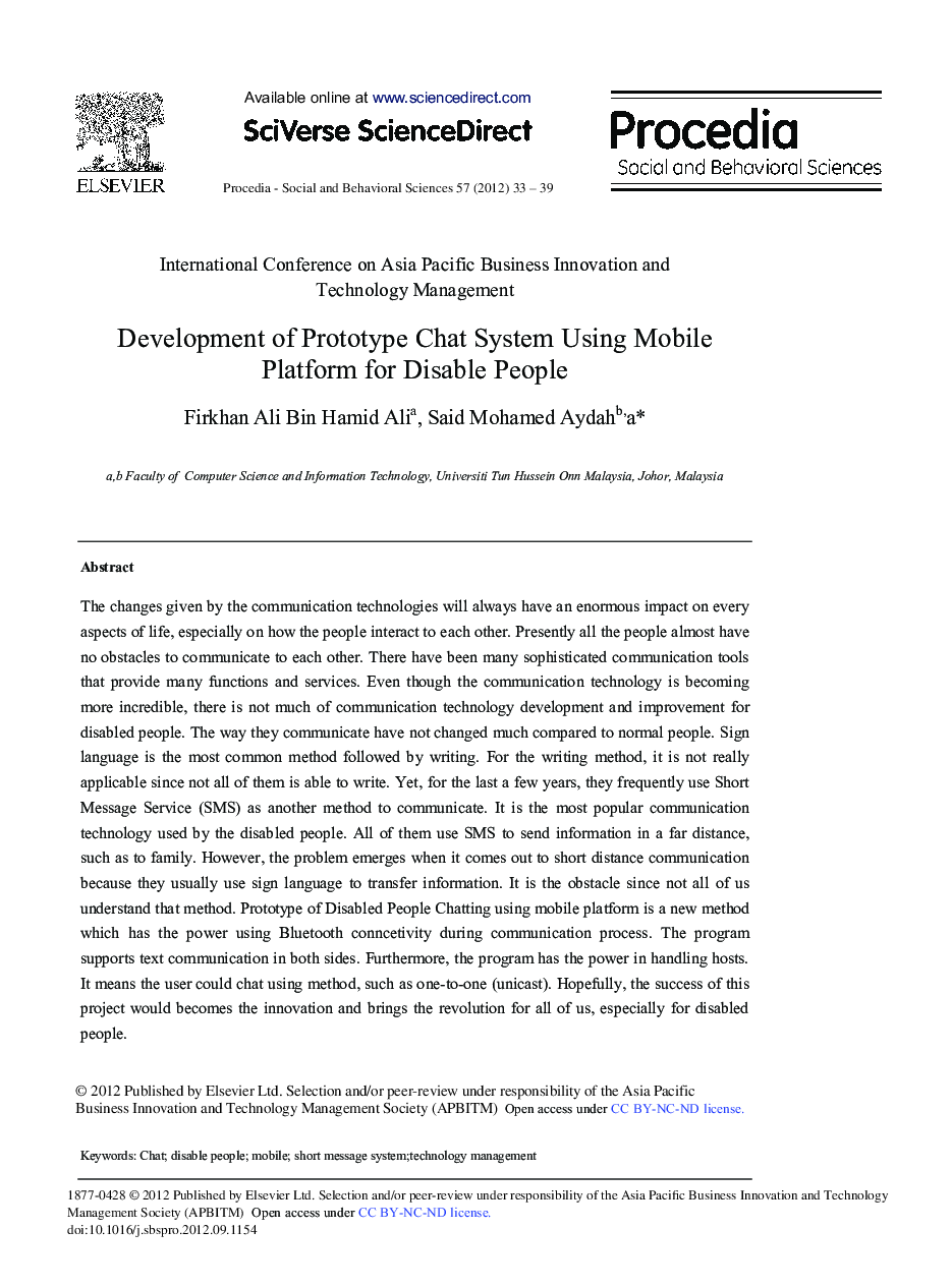 Development of Prototype Chat System Using Mobile Platform for Disable People