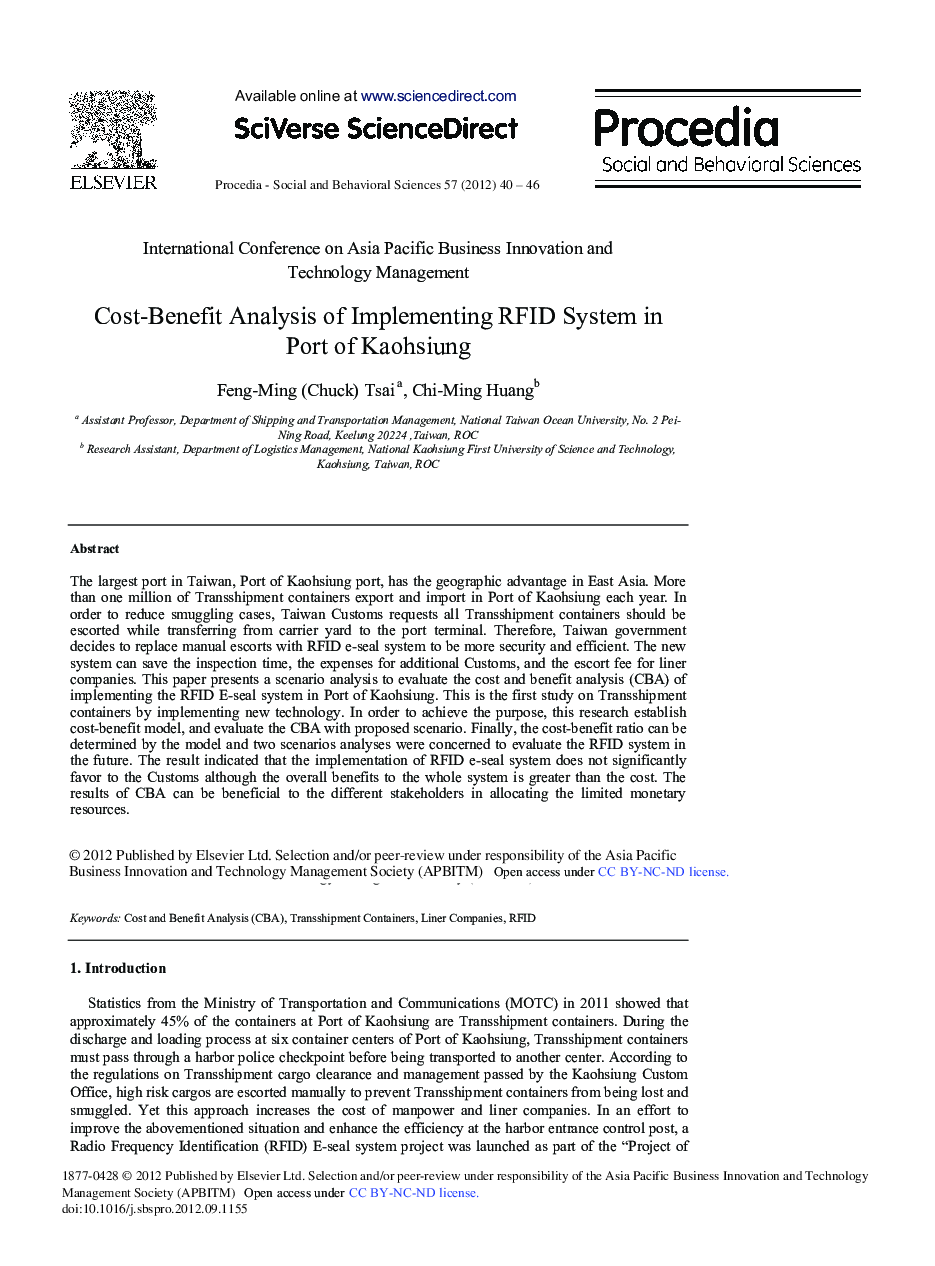 Cost-Benefit Analysis of Implementing RFID System in Port of Kaohsiung