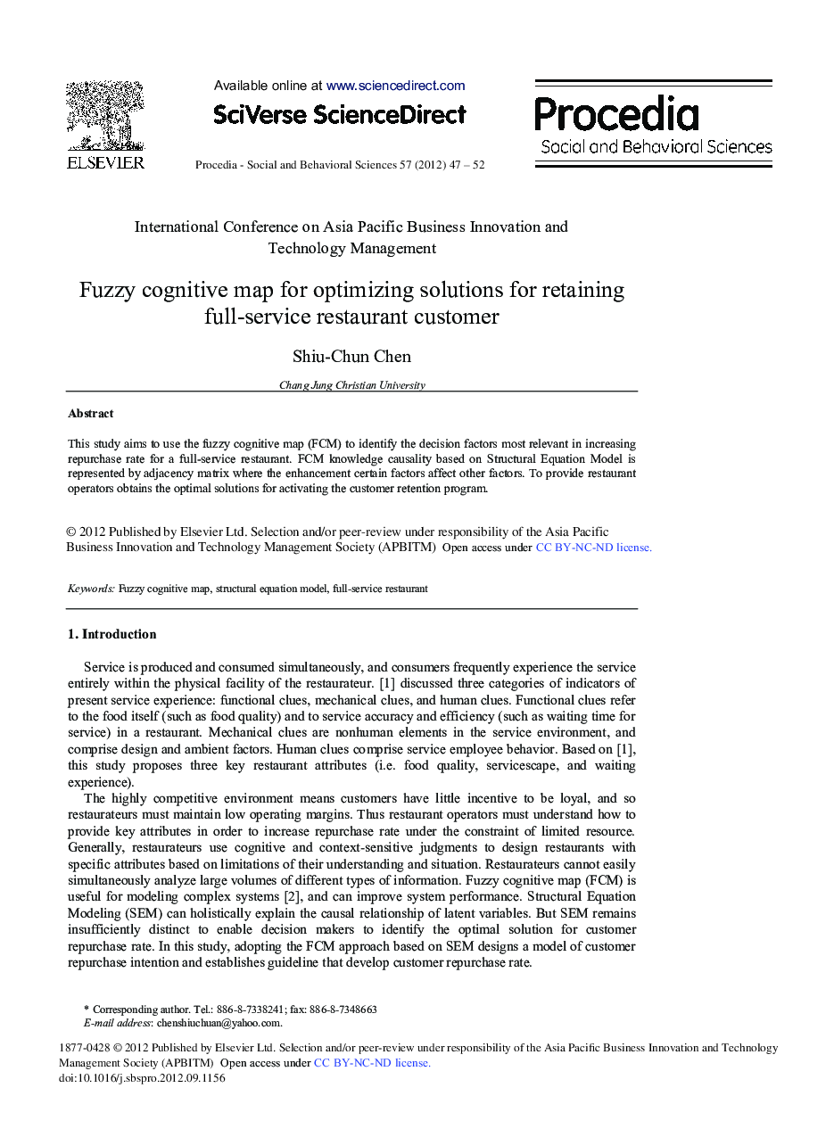 Fuzzy Cognitive Map for Optimizing Solutions for Retaining Full-Service Restaurant Customer