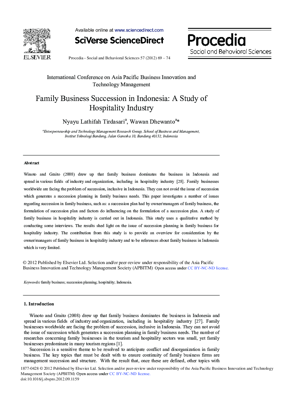 Family Business Succession in Indonesia: A Study of Hospitality Industry