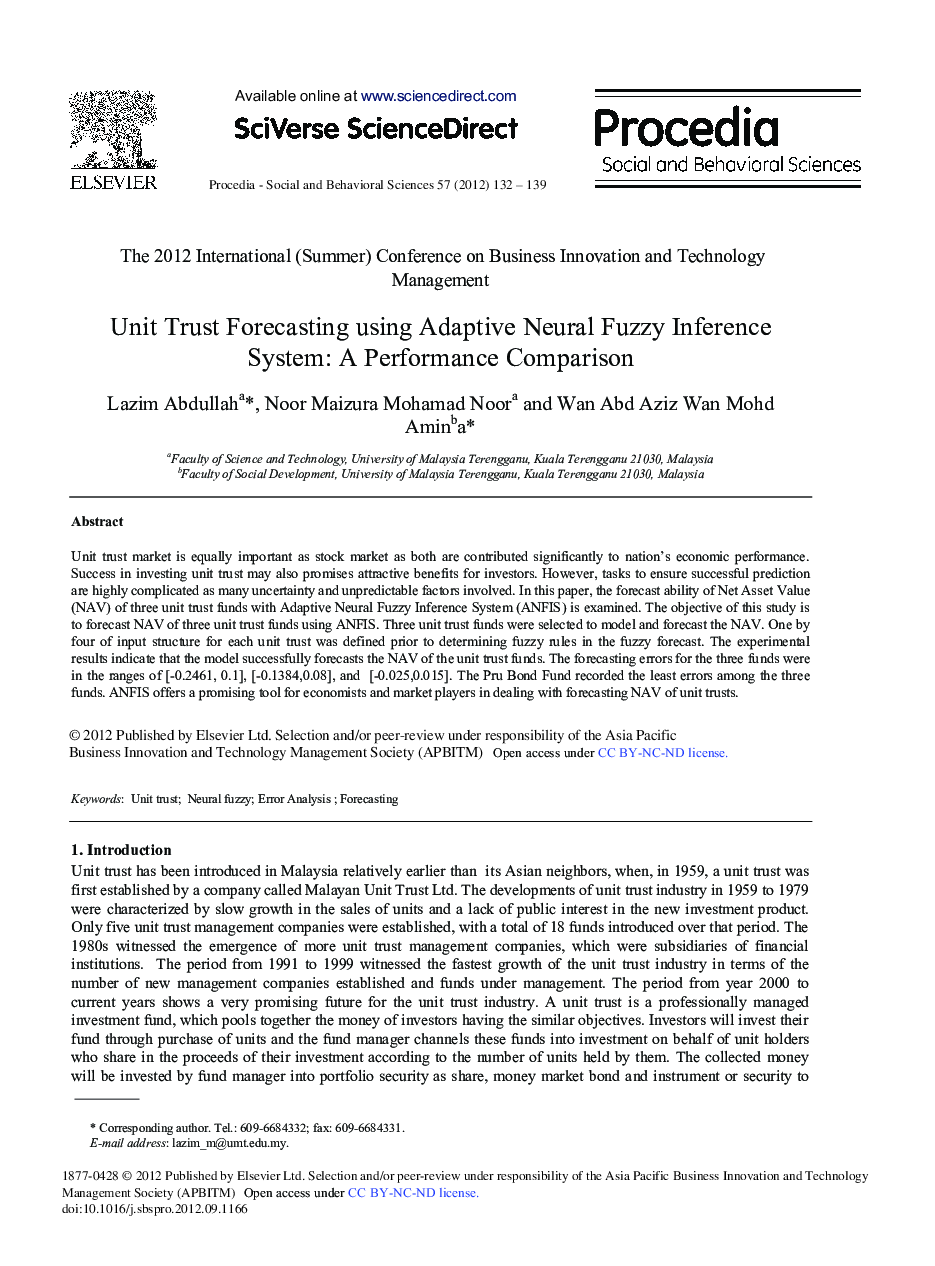 Unit Trust Forecasting using Adaptive Neural Fuzzy Inference System: A Performance Comparison