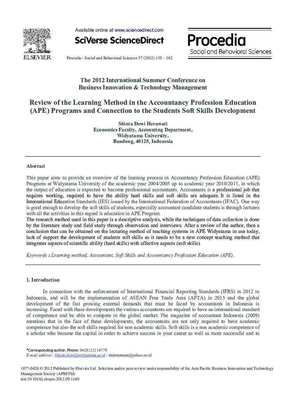 Review of the Learning Method in the Accountancy Profession Education (APE) Programs and Connection to the Students Soft Skills Development