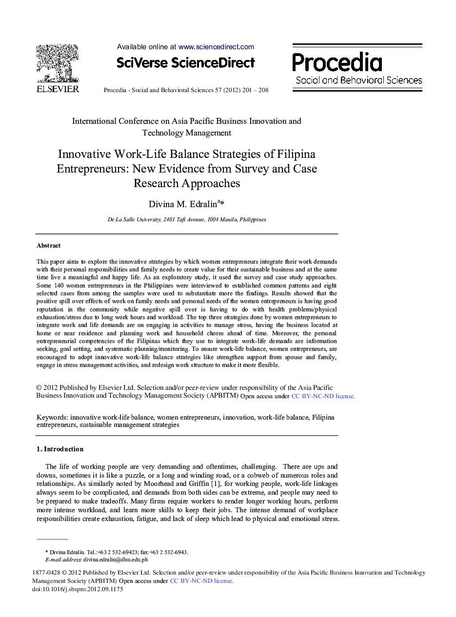 Innovative Work-Life Balance Strategies of Filipina Entrepreneurs: New Evidence from Survey and Case Research Approaches