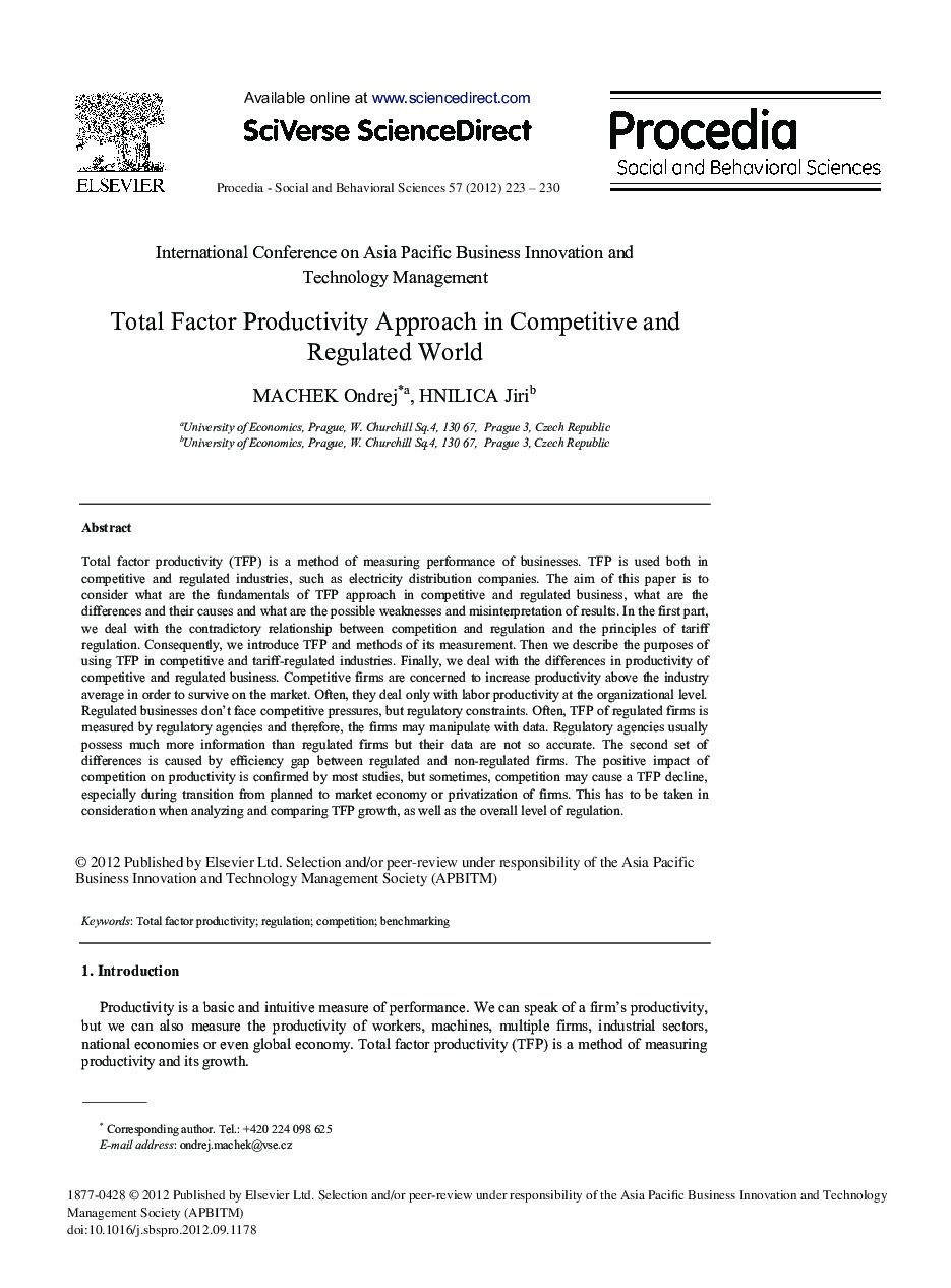 Total Factor Productivity Approach in Competitive and Regulated World