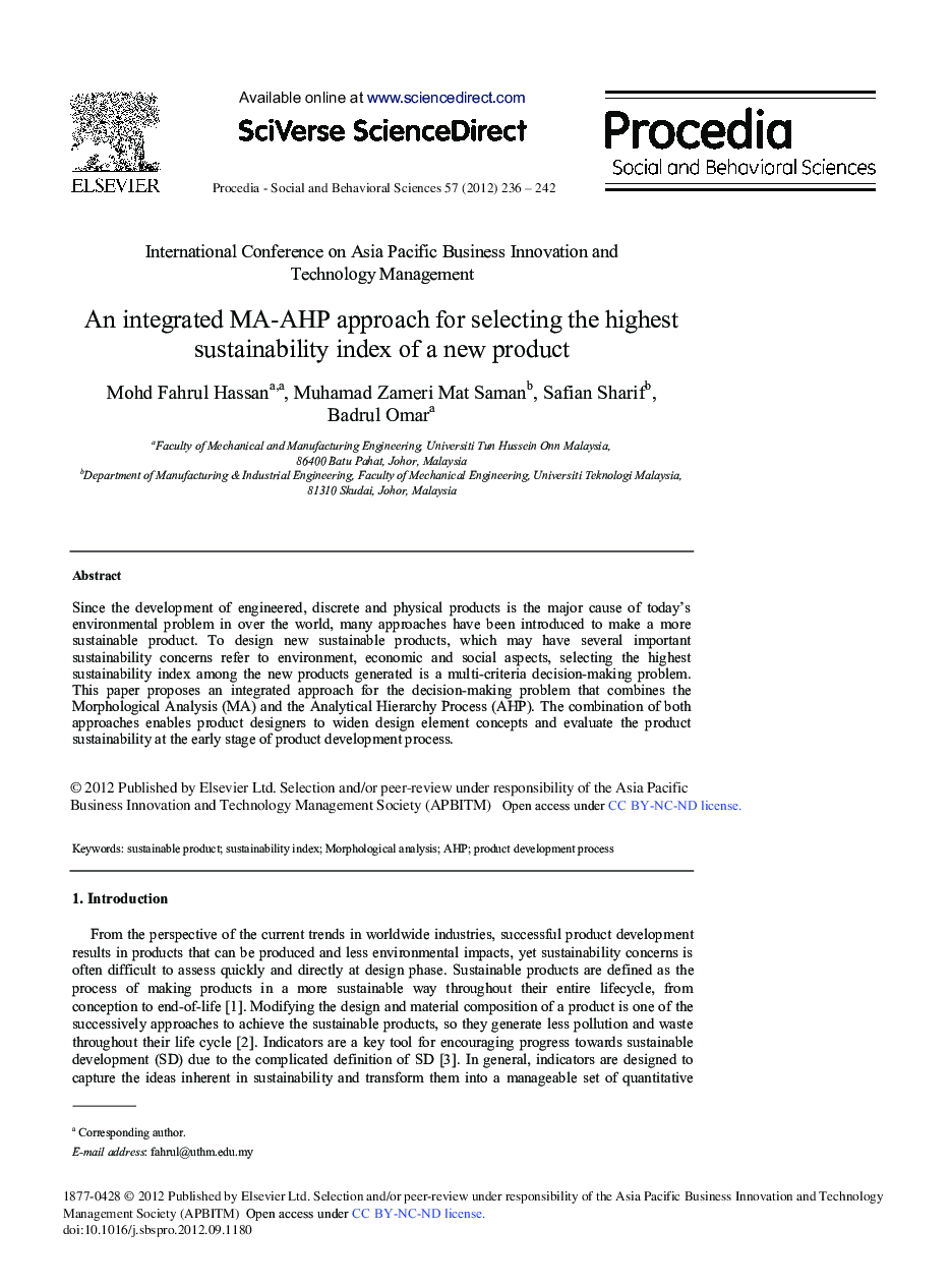 An Integrated MA-AHP Approach for Selecting the Highest Sustainability Index of a New Product