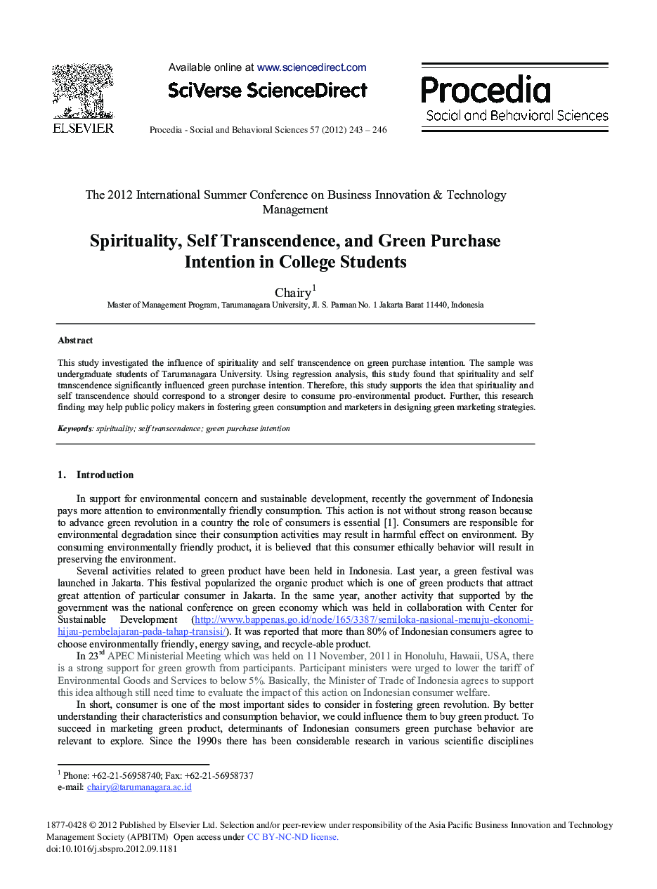 Spirituality, Self Transcendence, and Green Purchase Intention in College Students