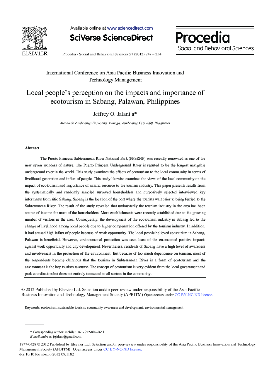 Local People's Perception on the Impacts and Importance of Ecotourism in Sabang, Palawan, Philippines