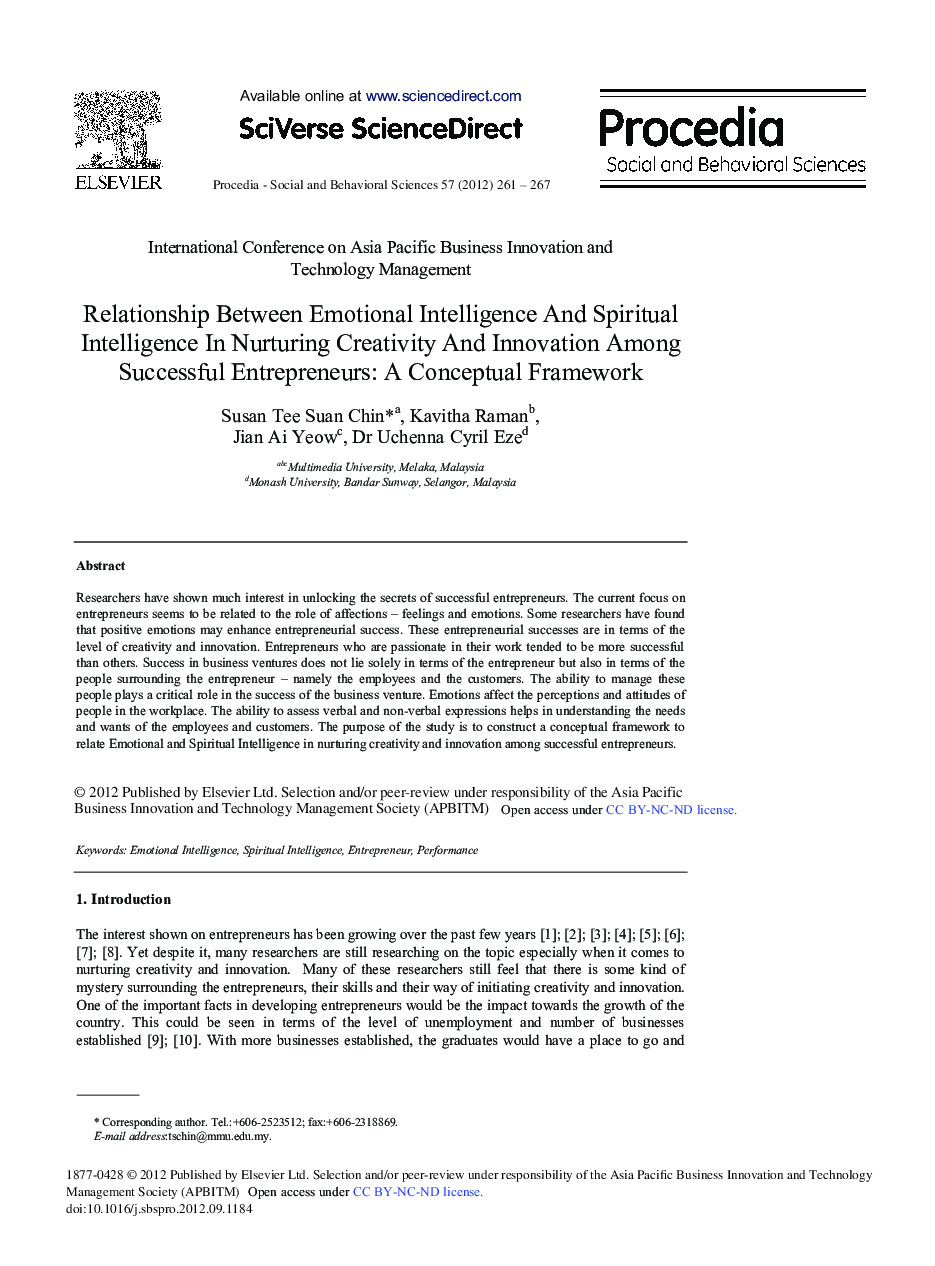 Relationship Between Emotional Intelligence And Spiritual Intelligence In Nurturing Creativity And Innovation Among Successful Entrepreneurs: A Conceptual Framework