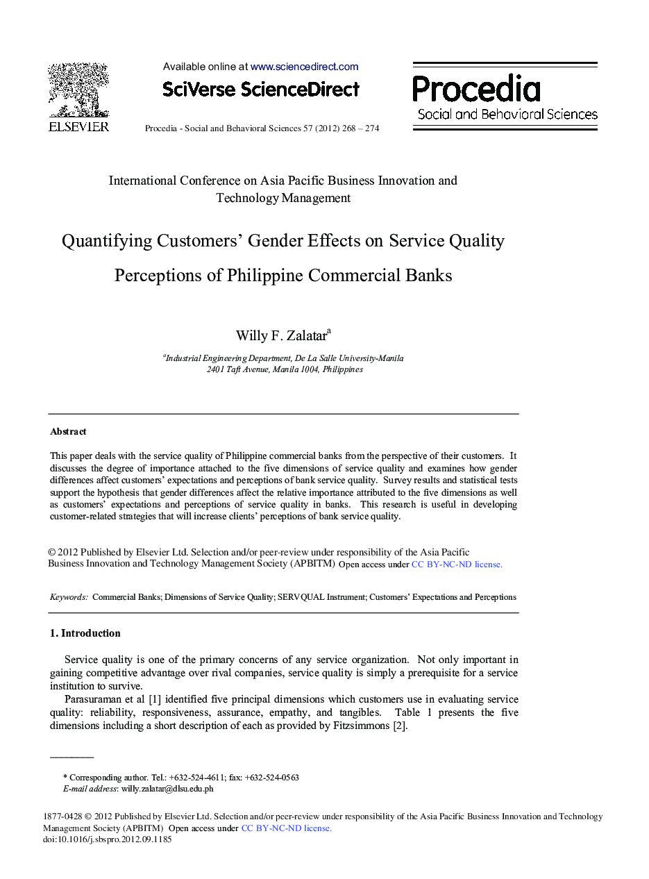 Quantifying Customers’ Gender Effects on Service Quality Perceptions of Philippine Commercial Banks