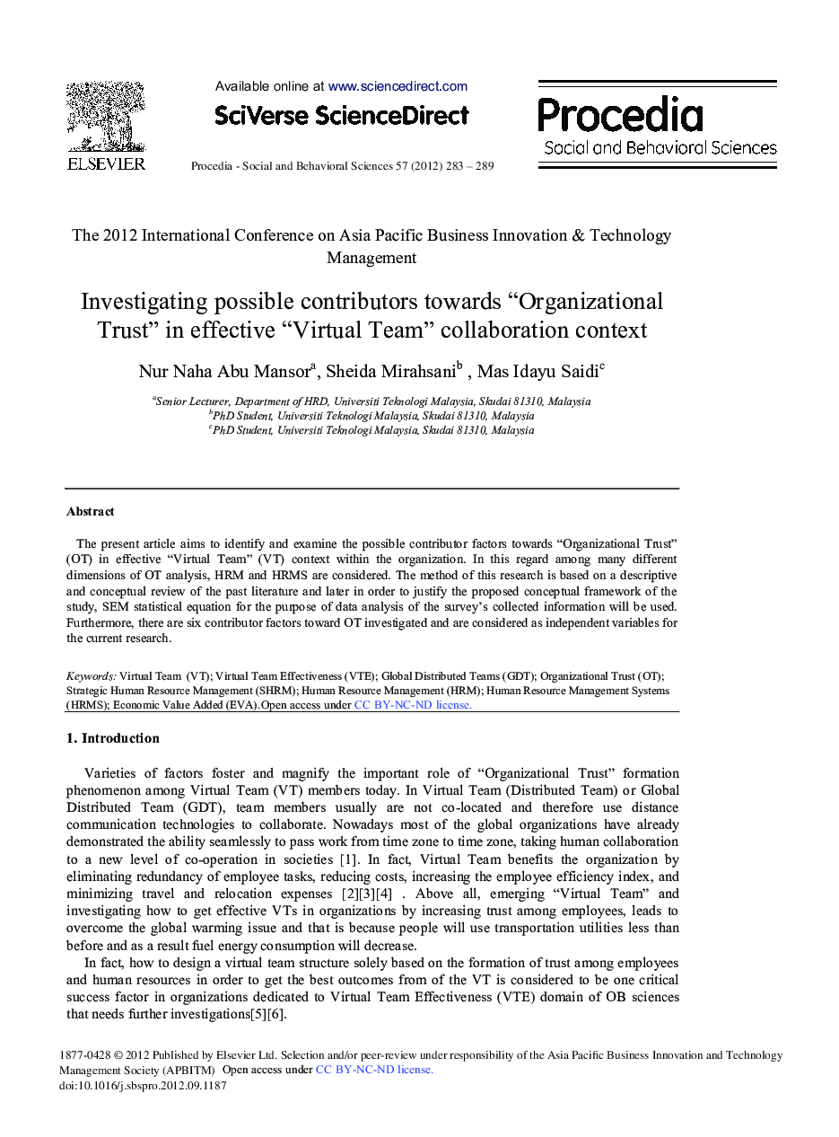 Investigating Possible Contributors Towards “Organizational Trust” in Effective “Virtual Team” Collaboration Context