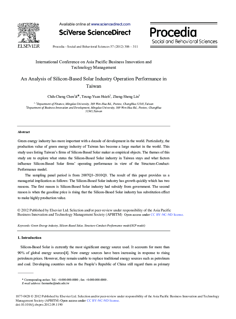 An Analysis of Silicon-Based Solar Industry Operation Performance in Taiwan