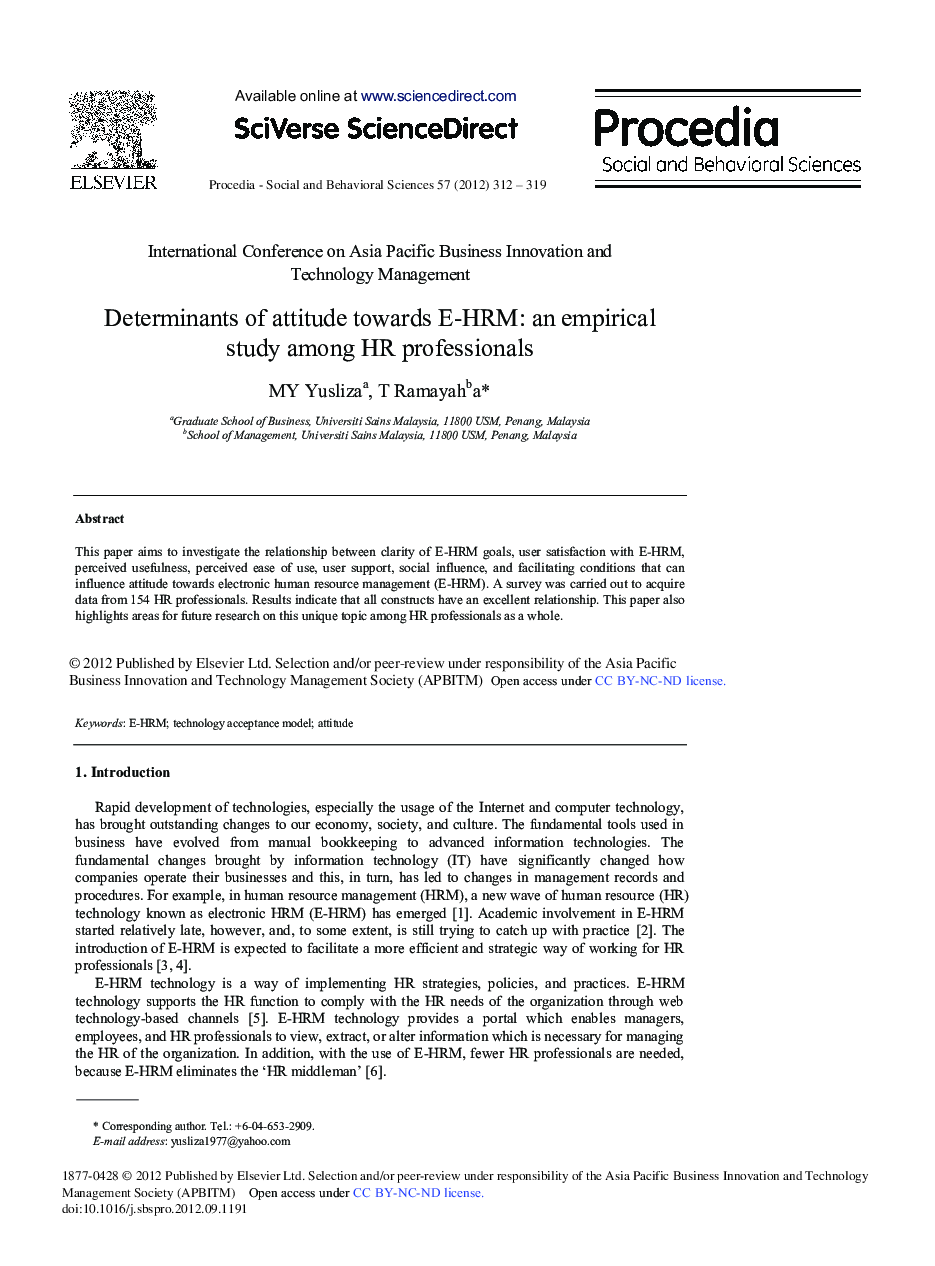 Determinants of Attitude Towards E-HRM: an Empirical Study Among HR Professionals