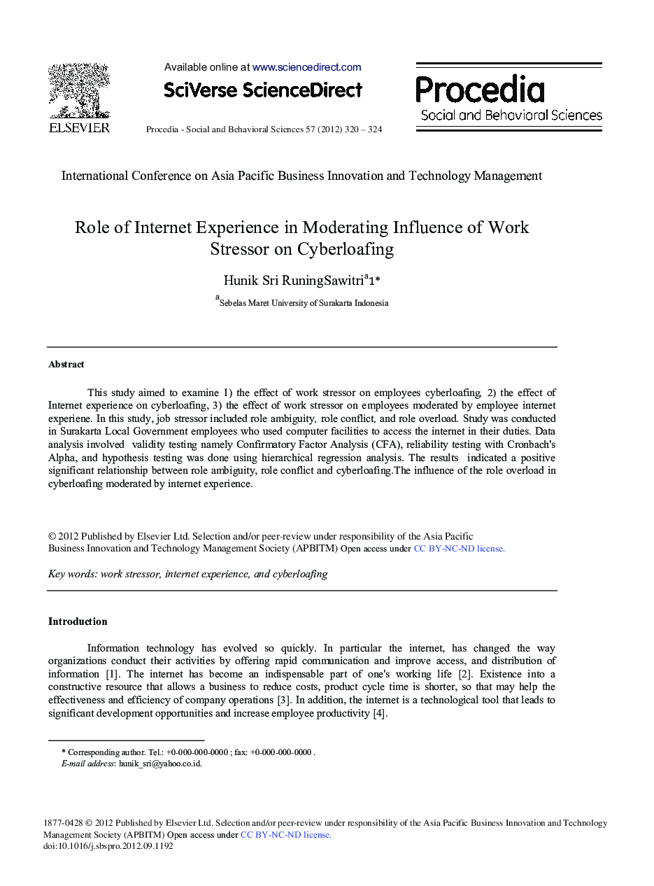 Role of Internet Experience in Moderating Influence of Work Stressor on Cyberloafing