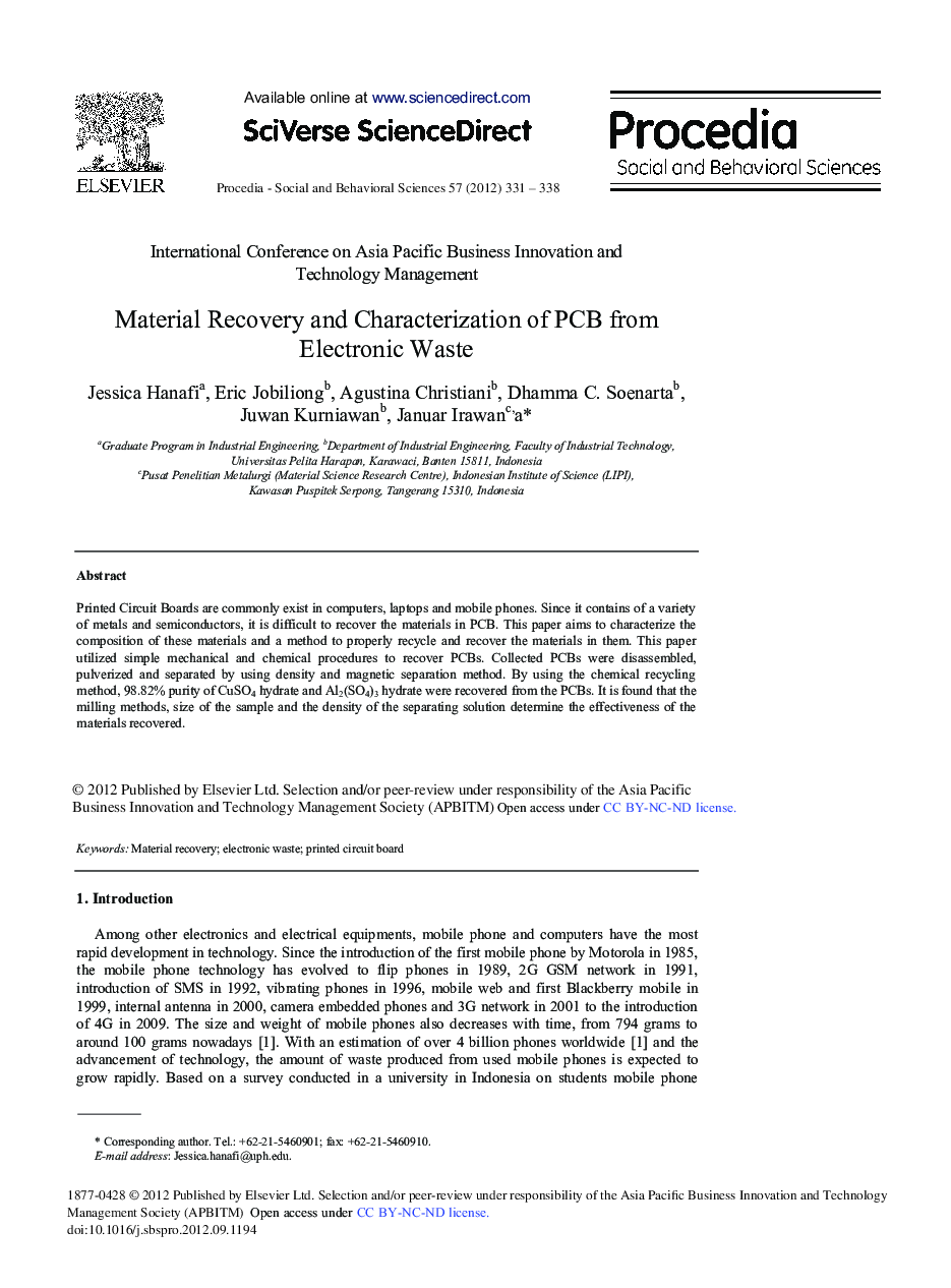 Material Recovery and Characterization of PCB from Electronic Waste