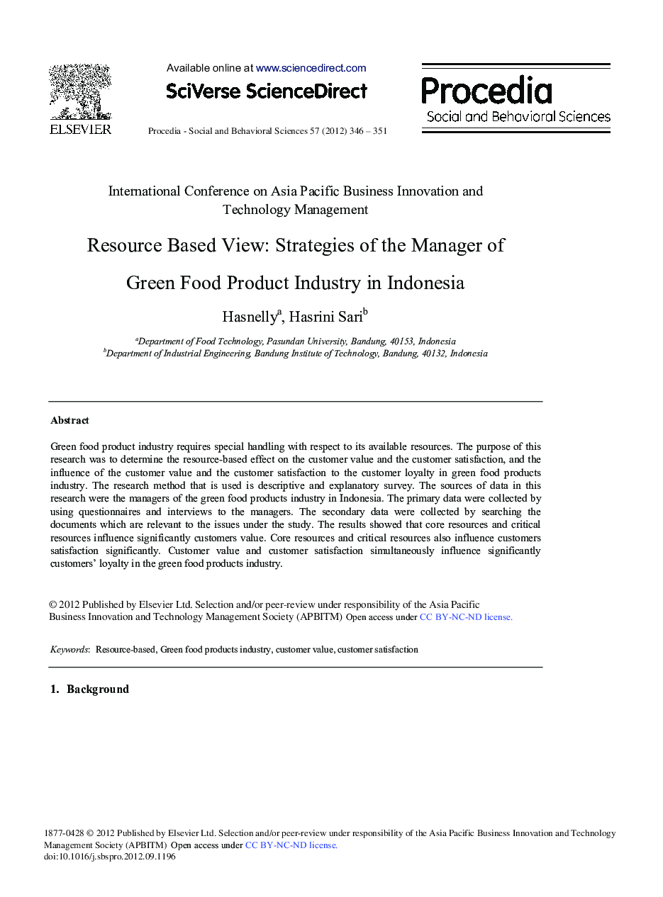 Resource Based View: Strategies of the Manager of Green Food Product Industry in Indonesia