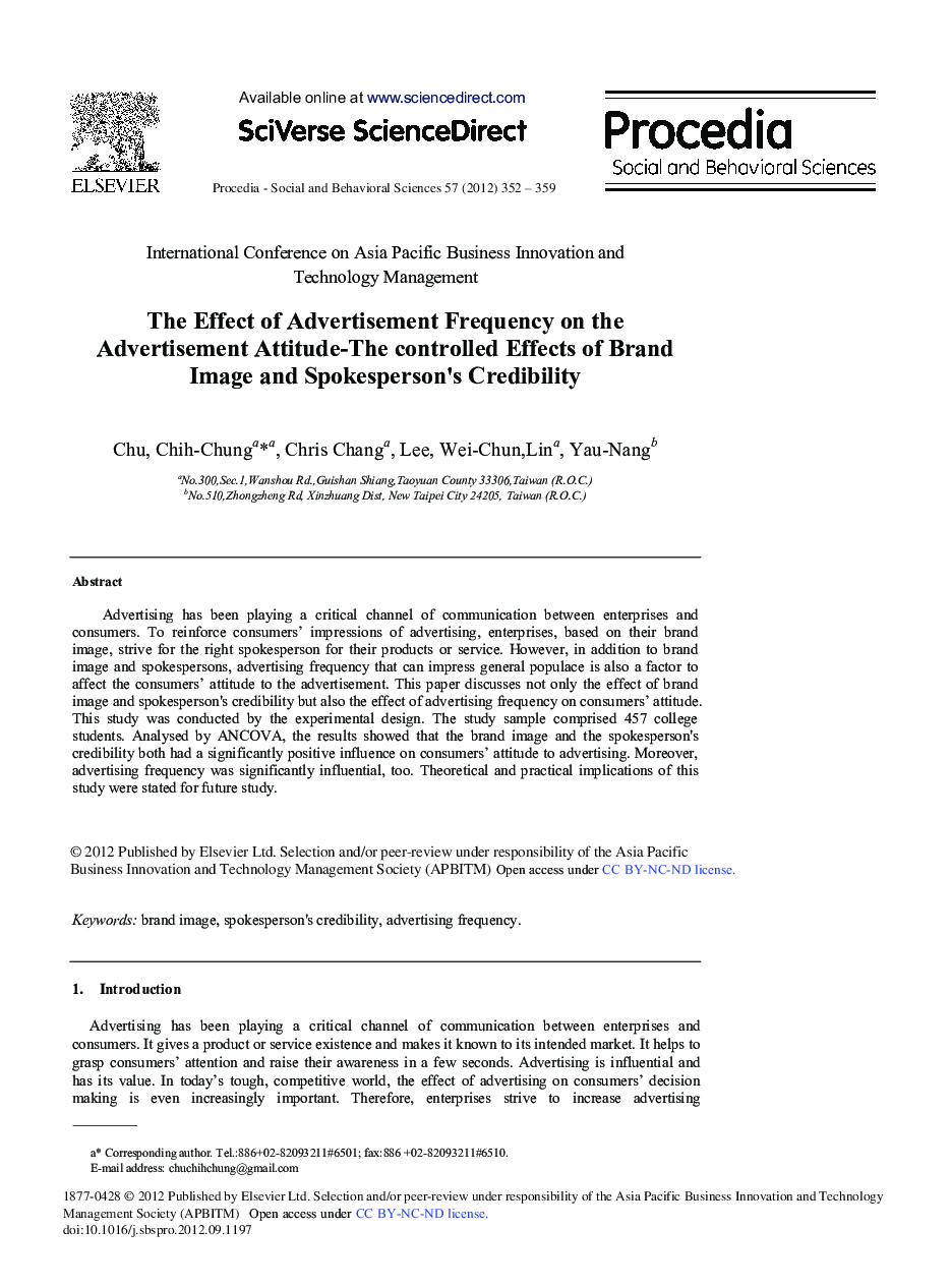 The Effect of Advertisement Frequency on the Advertisement Attitude-The controlled Effects of Brand Image and Spokesperson's Credibility