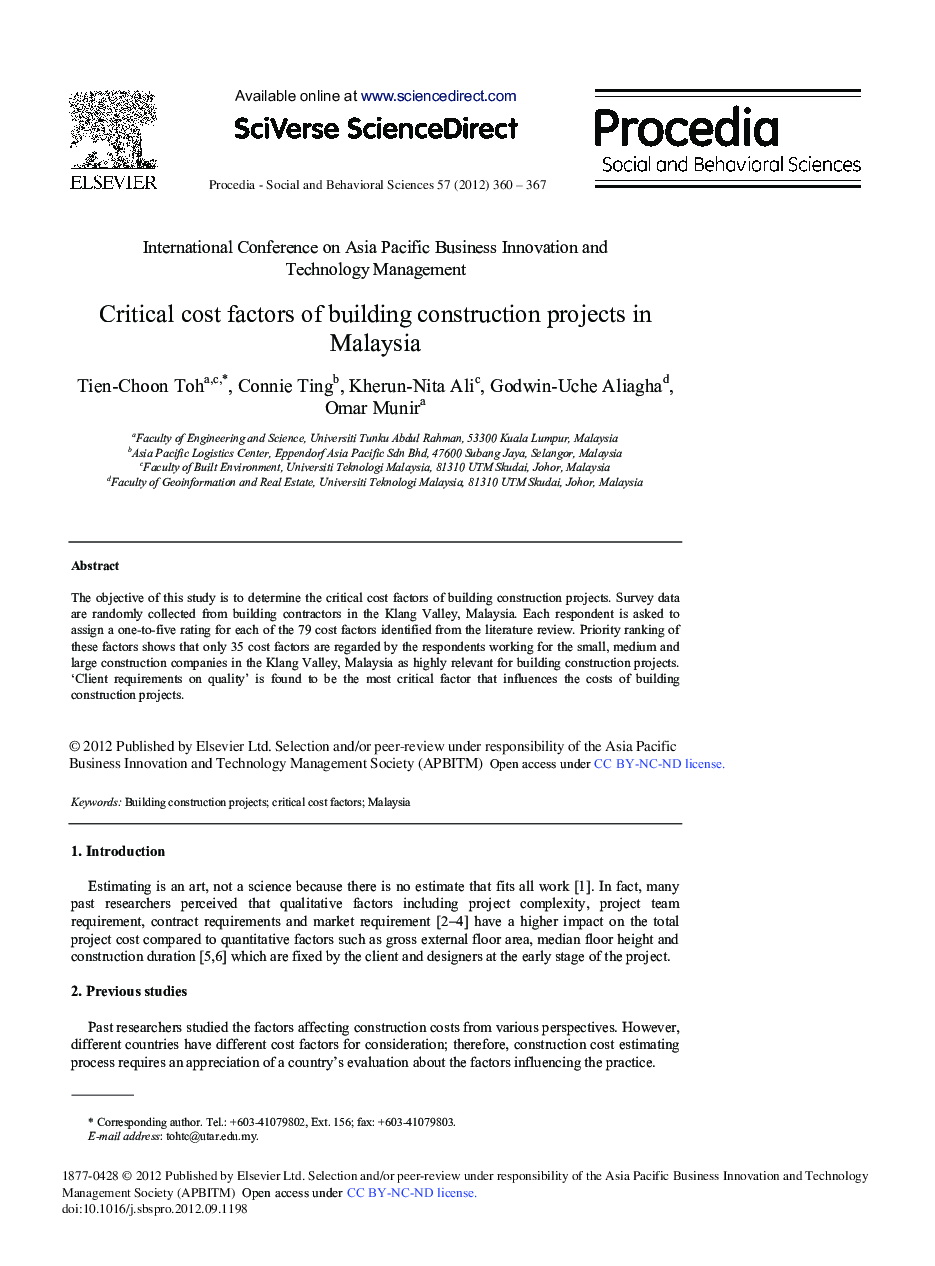 Critical Cost Factors of Building Construction Projects in Malaysia