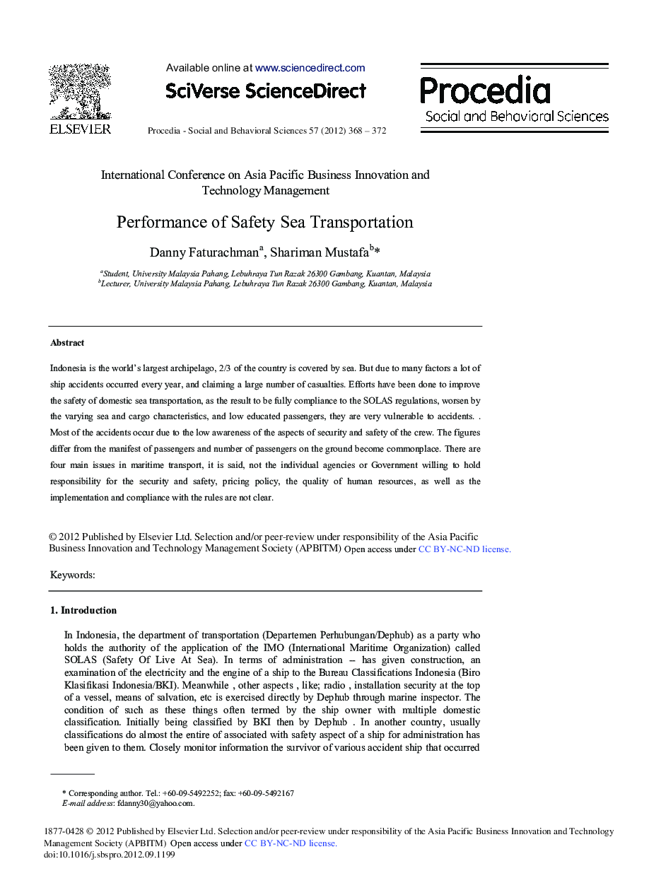 Performance of Safety Sea Transportation