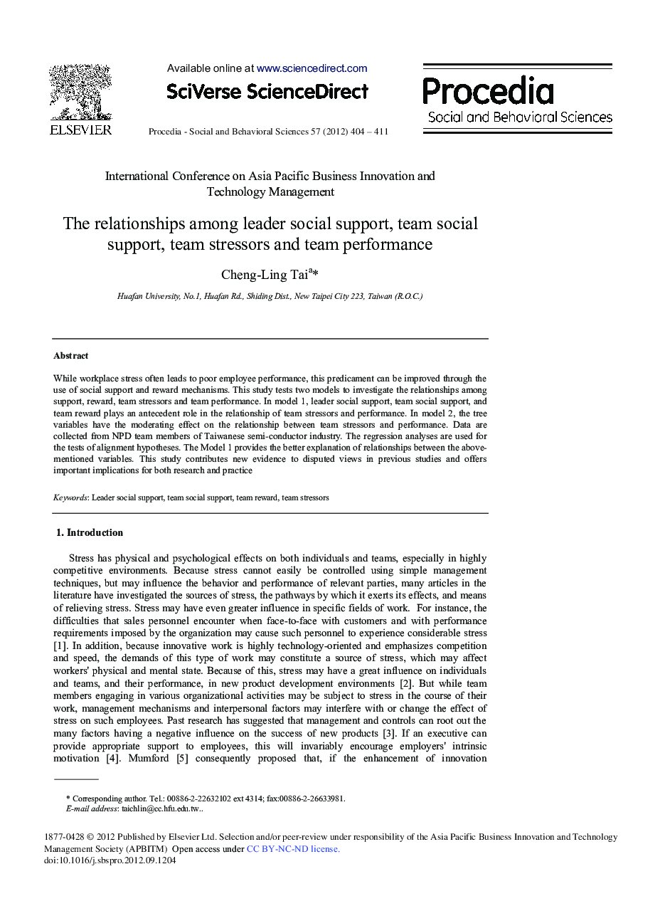 The Relationships Among Leader Social Support, Team Social Support, Team Stressors and Team Performance