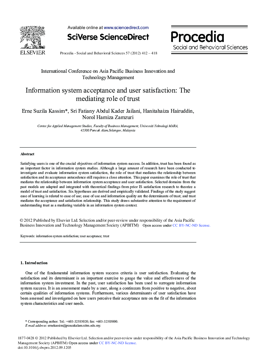 Information System Acceptance and User Satisfaction: The Mediating Role of Trust