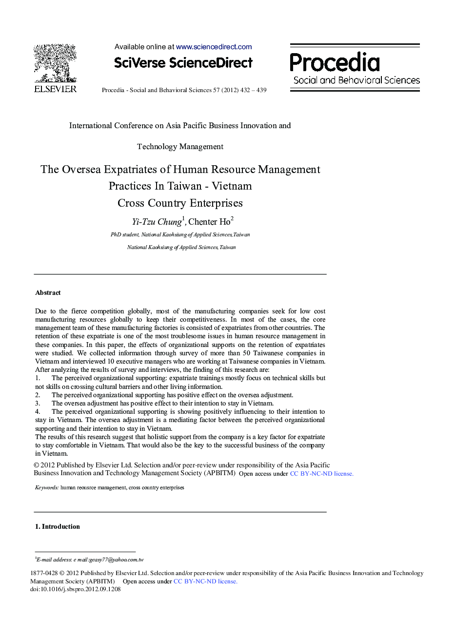 The Oversea Expatriates of Human Resource Management Practices In Taiwan - Vietnam Cross Country Enterprises