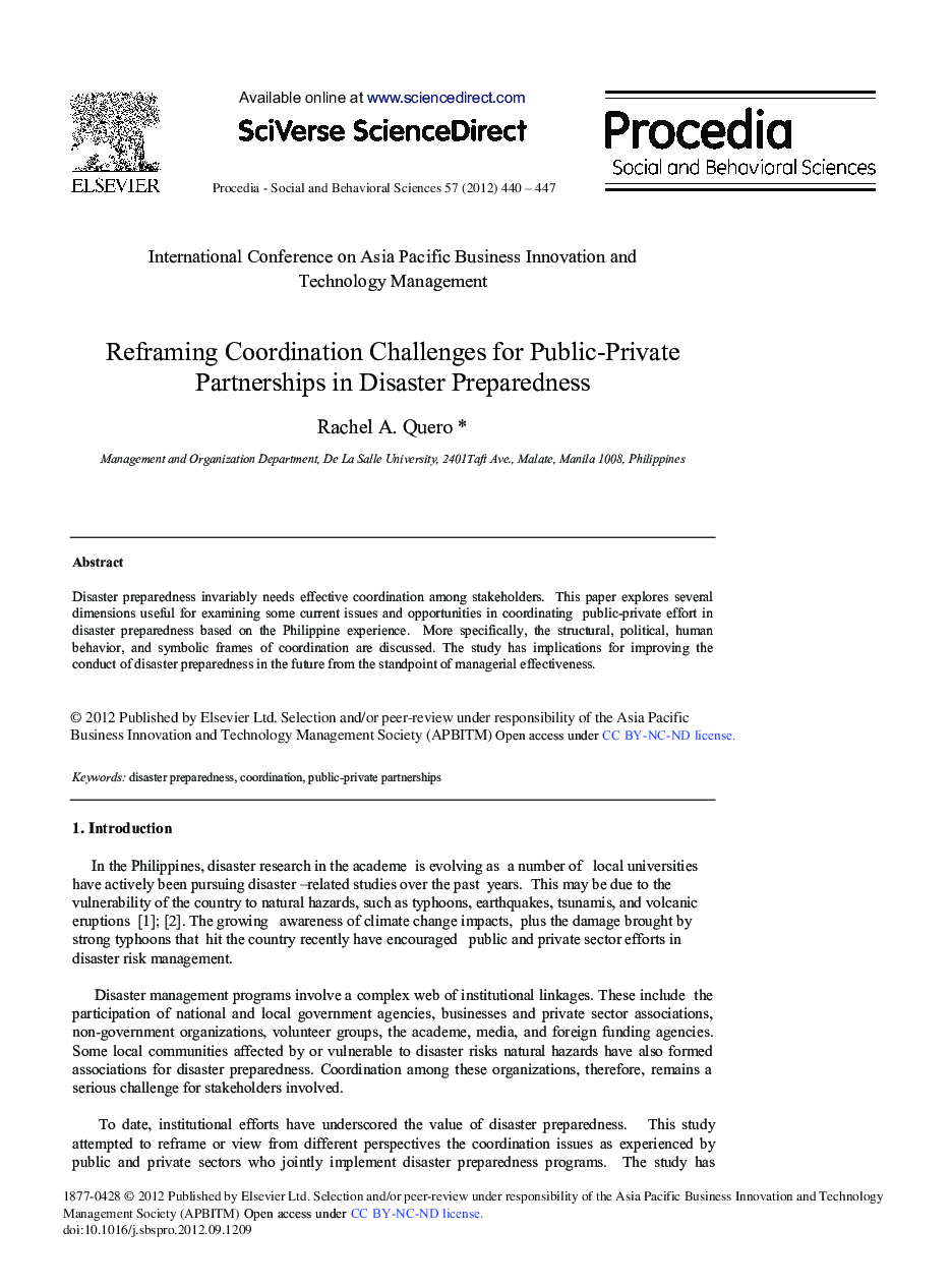 Reframing Coordination Challenges for Public-Private Partnerships in Disaster Preparedness