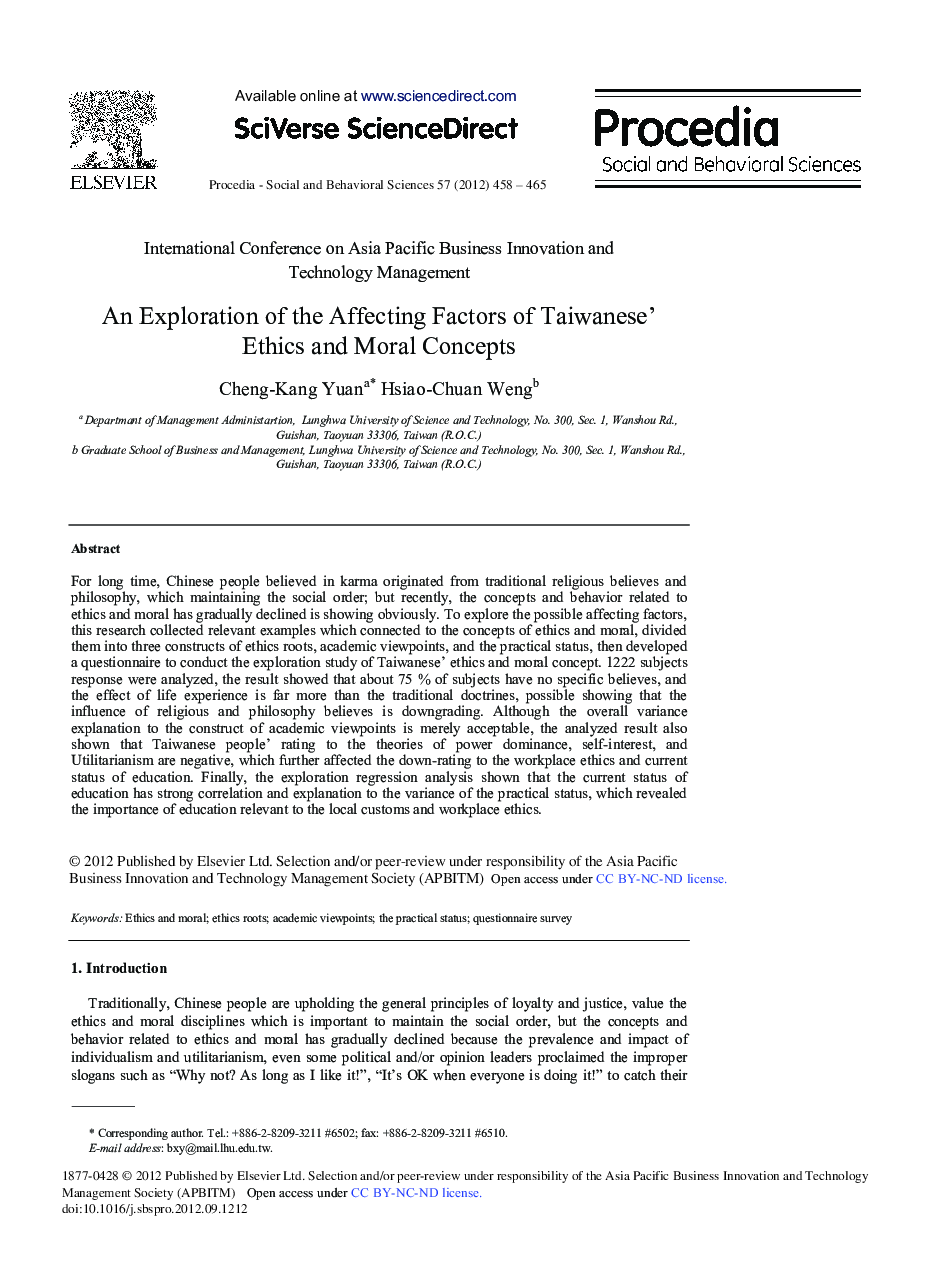 An Exploration of the Affecting Factors of Taiwanese’ Ethics and Moral Concepts